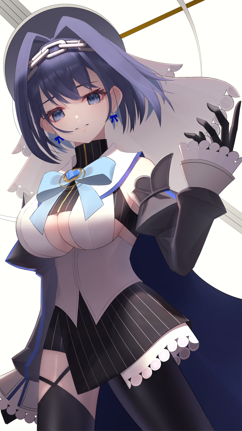 1girl absurdres bangs black_gloves black_legwear black_skirt blue_bow blue_bowtie blue_cape blue_eyes bow bow_earrings bowtie breasts cape commentary detached_sleeves earrings eyebrows_visible_through_hair gloves hair_intakes hand_up head_chain heart highres hololive jewelry large_breasts long_sleeves looking_at_viewer mechanical_halo ouro_kronii parted_lips shirt short_hair simple_background skirt sleeves_past_wrists solo standing thigh-highs thomas_8000 virtual_youtuber white_background white_shirt
