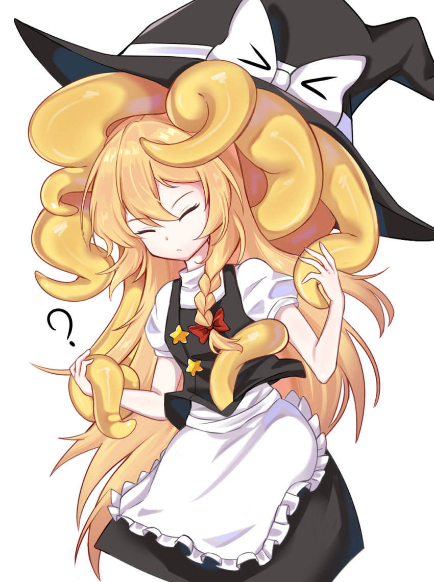 &gt;_&lt; 1girl ? apron bangs black_headwear black_skirt black_vest blonde_hair bow braid closed_eyes closed_mouth commentary_request cookie_(touhou) expressionless eyebrows_visible_through_hair feet_out_of_frame frilled_apron frills hat hat_bow highres inabahitomi kirisame_marisa living_clothes long_hair puffy_short_sleeves puffy_sleeves red_bow shirt short_sleeves side_braid simple_background single_braid skirt star_(symbol) suzu_(cookie) tentacle_clothes tentacles touhou vest waist_apron white_apron white_background white_shirt witch_hat