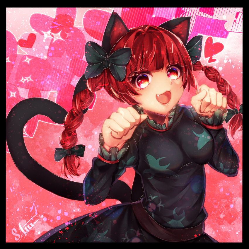 1girl :3 :d animal_ears bangs belt black_border black_bow blunt_bangs border bow braid breasts cat_ears cat_tail dress extra_ears eyebrows_visible_through_hair eyelashes fang frills green_dress hair_bow hair_intakes hair_ribbon hands_up heart heart_background highres juliet_sleeves kaenbyou_rin light_blush lips long_hair long_sleeves looking_at_viewer medium_breasts multiple_tails nekomata open_mouth paw_pose pink_background puffy_sleeves red_eyes redhead ribbon same_tiii smile solo tail touhou tress_ribbon twin_braids twintails two_tails upper_body