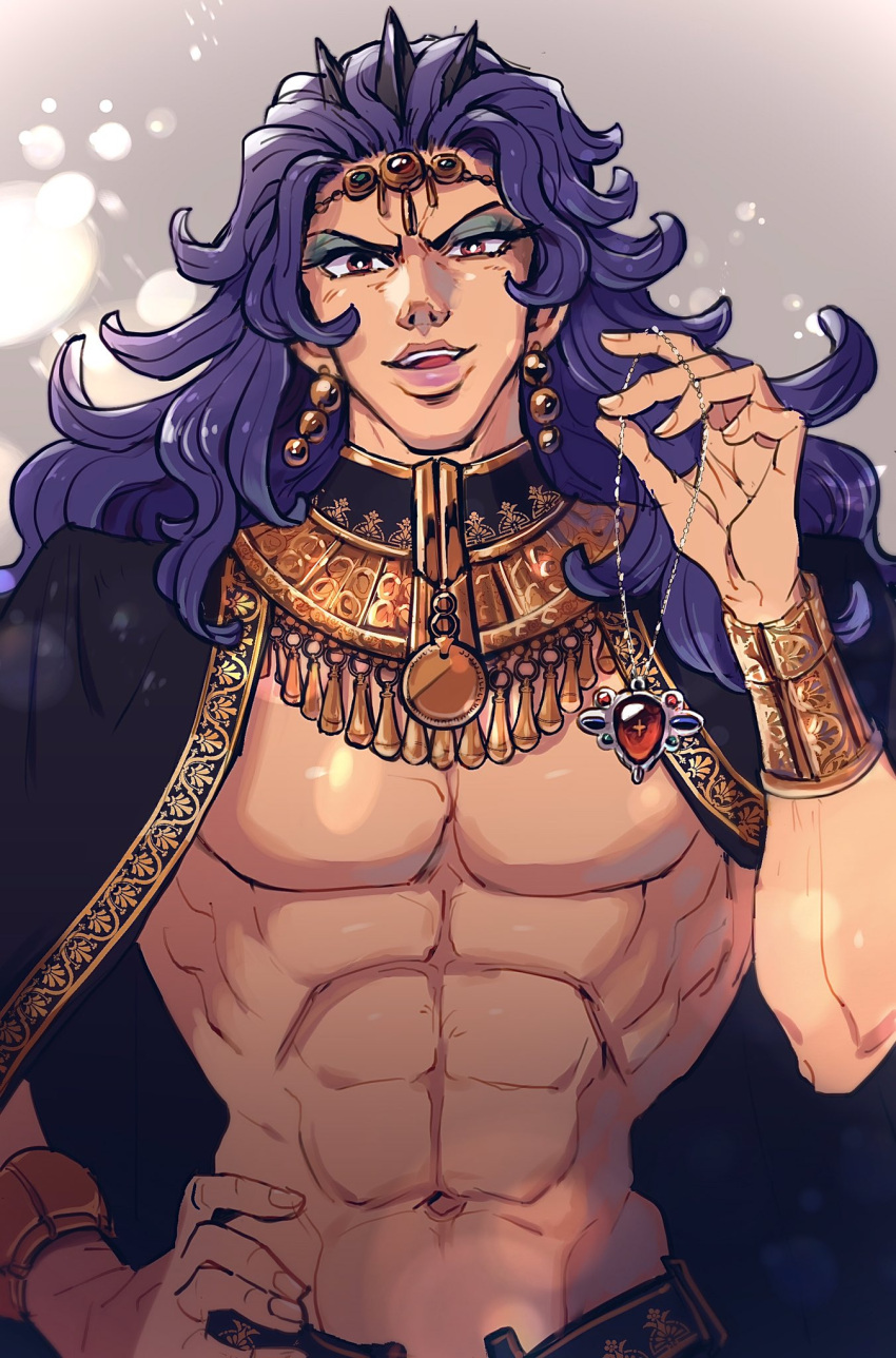 1boy battle_tendency bracer cape chocoblood earrings eyeshadow hand_on_hip highres holding holding_jewelry holding_necklace horns jewelry jojo_no_kimyou_na_bouken kars_(jojo) long_hair makeup male_focus manly muscular muscular_male neck_ring necklace purple_hair red_eyes red_stone_of_aja solo