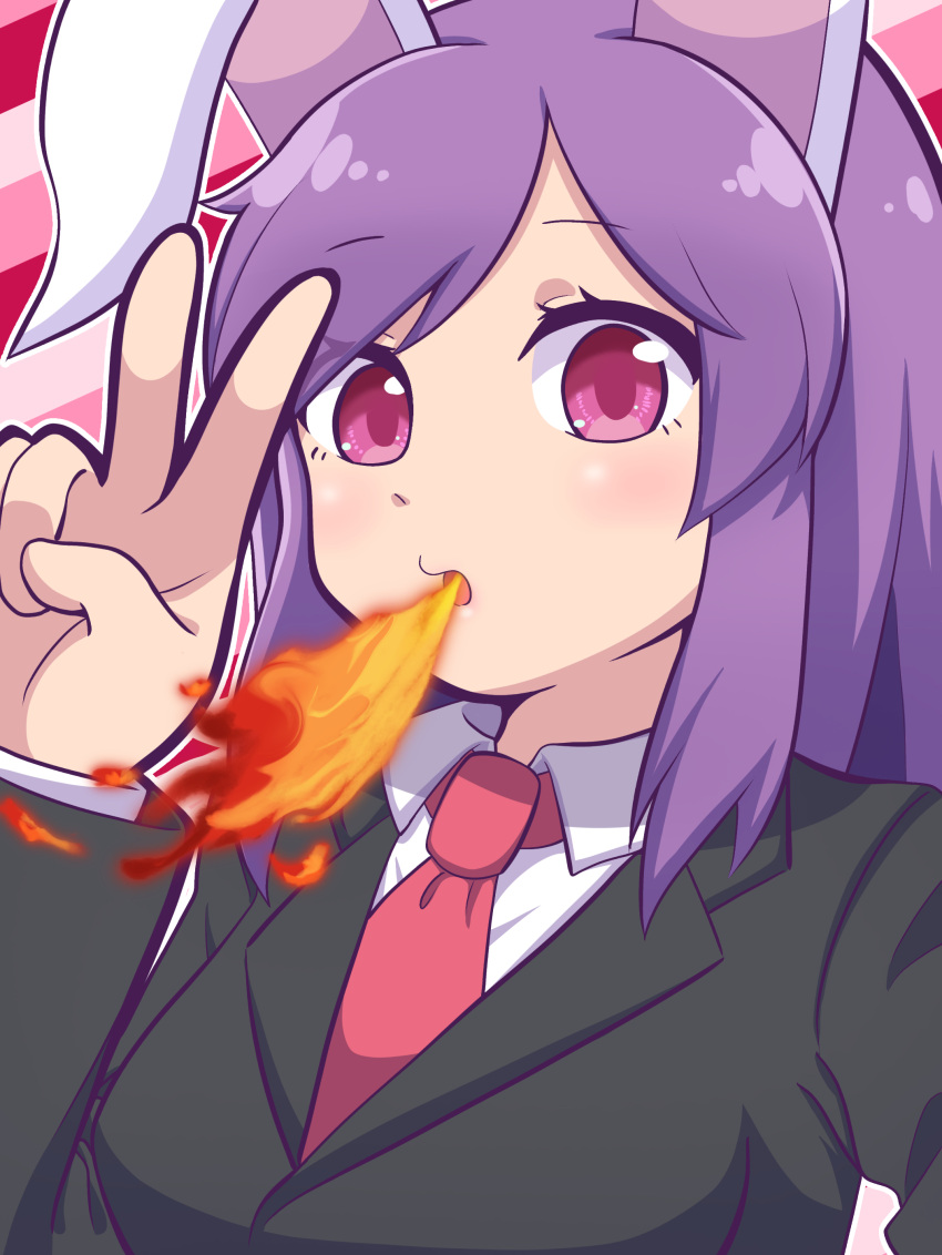 1girl absurdres animal_ears bangs black_jacket blazer blush breathing_fire collared_shirt commentary_request cookie_(touhou) eyebrows_visible_through_hair fire highres hisui_(cookie) jacket long_hair looking_at_viewer necktie open_mouth purple_hair rabbit_ears red_eyes red_necktie reisen_udongein_inaba shirt solo swept_bangs totozame touhou upper_body v white_shirt