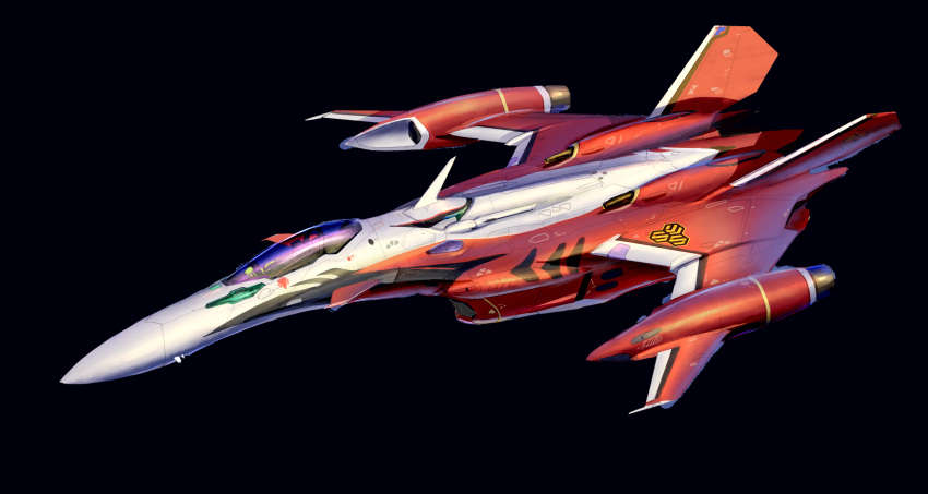 aircraft airplane asterozoa black_background canopy_(aircraft) fighter_jet highres jet macross macross_frontier macross_frontier:_sayonara_no_tsubasa mecha military military_vehicle no_humans science_fiction solo variable_fighter vehicle_focus yf-29