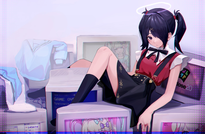 1girl absurdres ame-chan_(needy_girl_overdose) black_eyes black_hair black_ribbon blood blood_from_eyes blood_stain chinese_commentary chouzetsusaikawa_tenshi-chan commentary_request expressionless game_over hair_ornament halo highres kneehighs looking_at_viewer medium_hair monitor multiple_monitors neck_ribbon needy_girl_overdose no_shoes ribbon sailor_collar sailor_shirt shancha_yu shirt sitting skirt suspender_skirt suspenders twintails x_hair_ornament