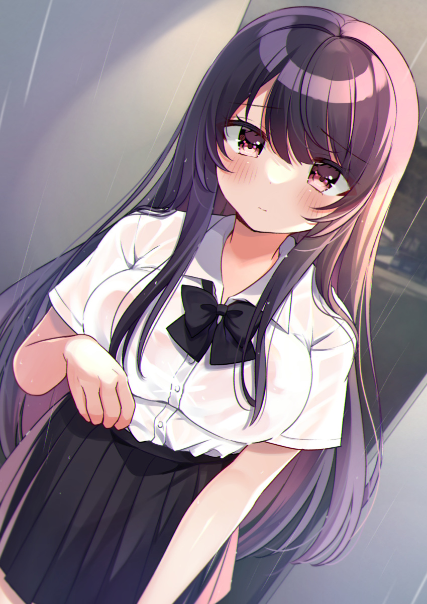 1girl bangs black_bow black_skirt blush bow breasts closed_mouth collared_shirt commentary_request dress_shirt dutch_angle eyebrows_visible_through_hair hair_between_eyes highres looking_at_viewer medium_breasts minami_saki moe2022 original pleated_skirt purple_hair rain red_eyes school_uniform see-through shirt skirt solo standing wet wet_clothes wet_shirt white_shirt