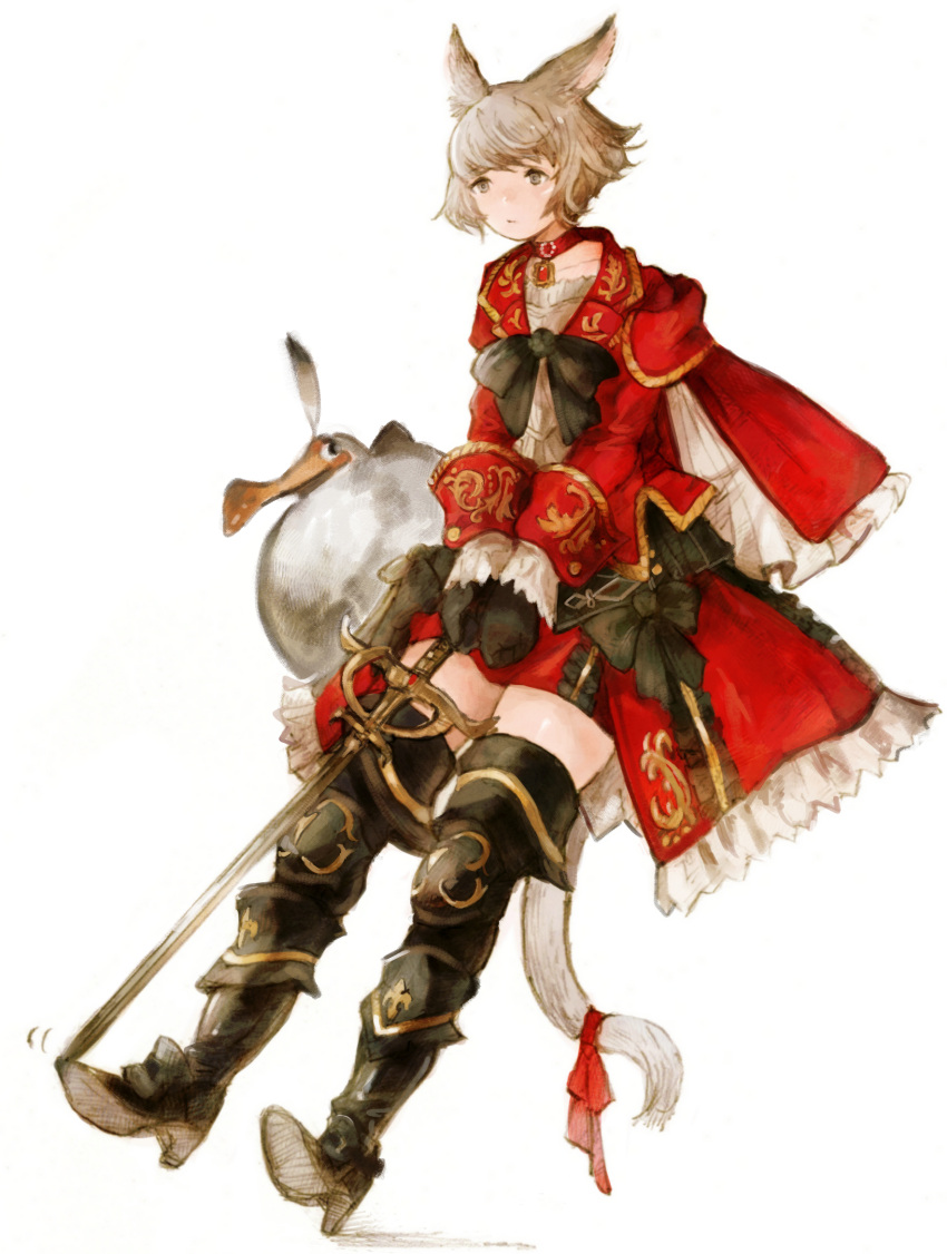 1girl animal_ears bangs bird black_gloves boots cat_ears cat_tail choker final_fantasy final_fantasy_xiv gloves grey_eyes grey_hair high_heel_boots high_heels highres holding holding_sword holding_weapon miqo'te peppermint_jet red_mage short_hair solo sword tail thigh-highs thigh_boots weapon white_background