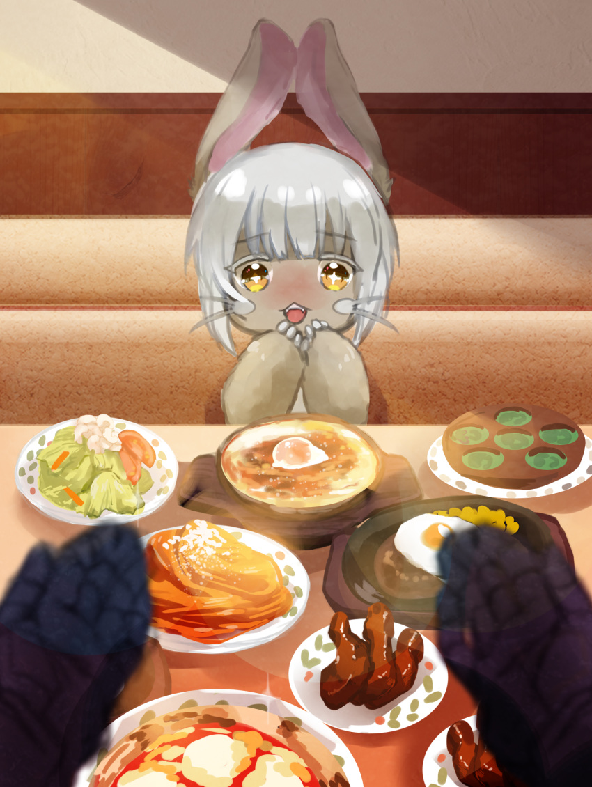 aigina00 animal_ears bondrewd commentary_request food furry grey_hair highres indoors made_in_abyss nanachi_(made_in_abyss) open_mouth pov pov_across_table pov_hands restaurant sparkling_eyes table yellow_eyes
