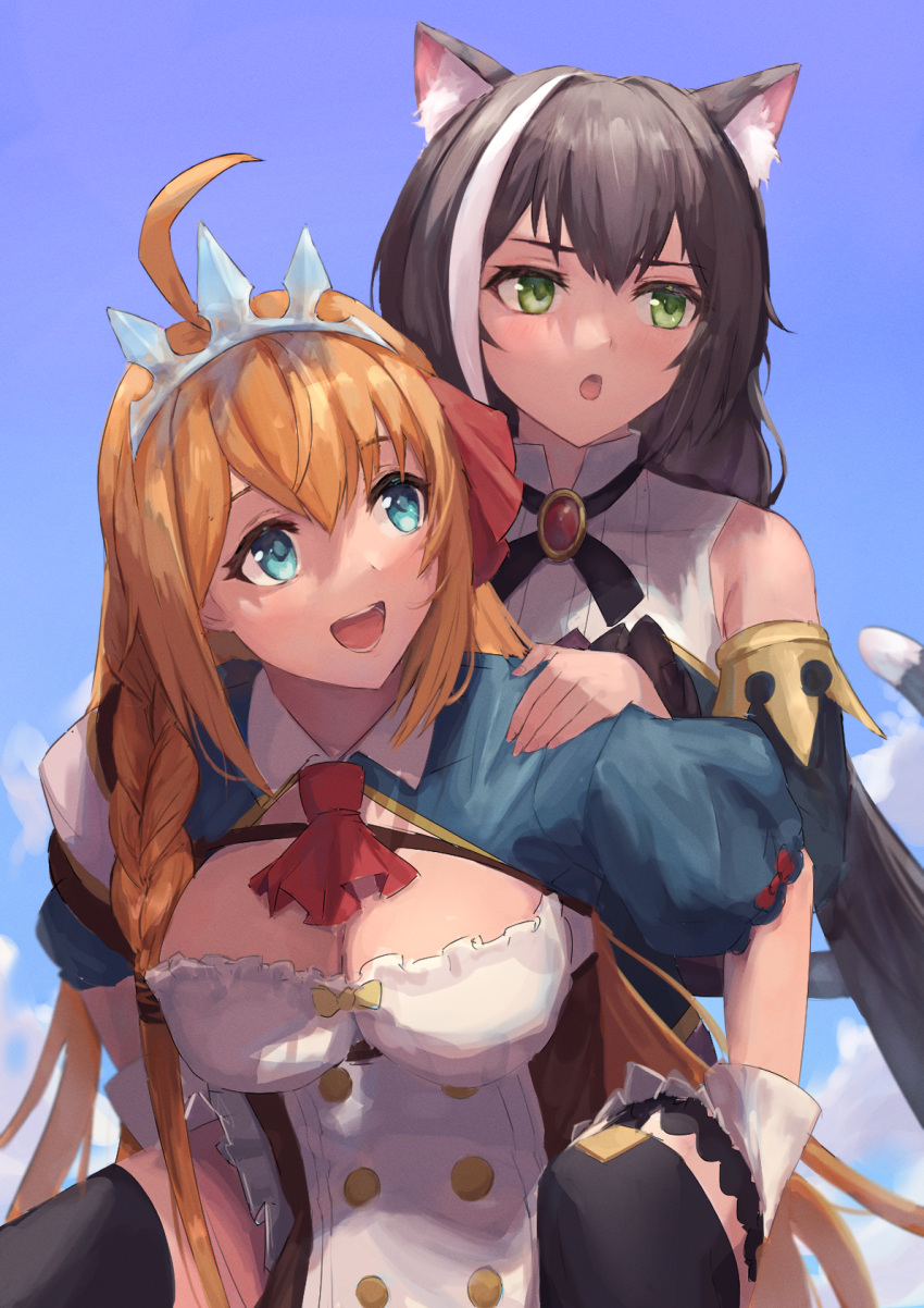 2girls ahoge animal_ear_fluff animal_ears bangs black_hair black_legwear blue_eyes blue_sky bow braid breasts carrying carrying_person cat_ears cat_tail day dress eyebrows_visible_through_hair gloves green_eyes hair_between_eyes hand_on_another's_shoulder highres ito_t20a karyl_(princess_connect!) large_breasts long_hair looking_to_the_side multicolored_hair multiple_girls open_mouth orange_hair outdoors pecorine_(princess_connect!) piggyback princess_connect! puffy_short_sleeves puffy_sleeves red_bow short_sleeves single_braid sky smile streaked_hair tail tiara upper_body white_gloves yellow_bow