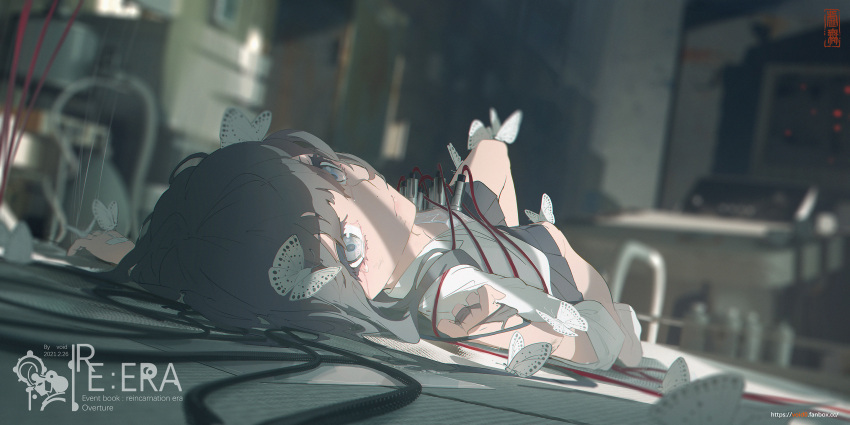 1girl bangs black_hair black_skirt blurry blurry_background bug butterfly closed_mouth commentary crying crying_with_eyes_open grey_eyes highres looking_at_viewer lying on_back original pleated_skirt plug shirt skirt tears void_0 white_butterfly white_shirt