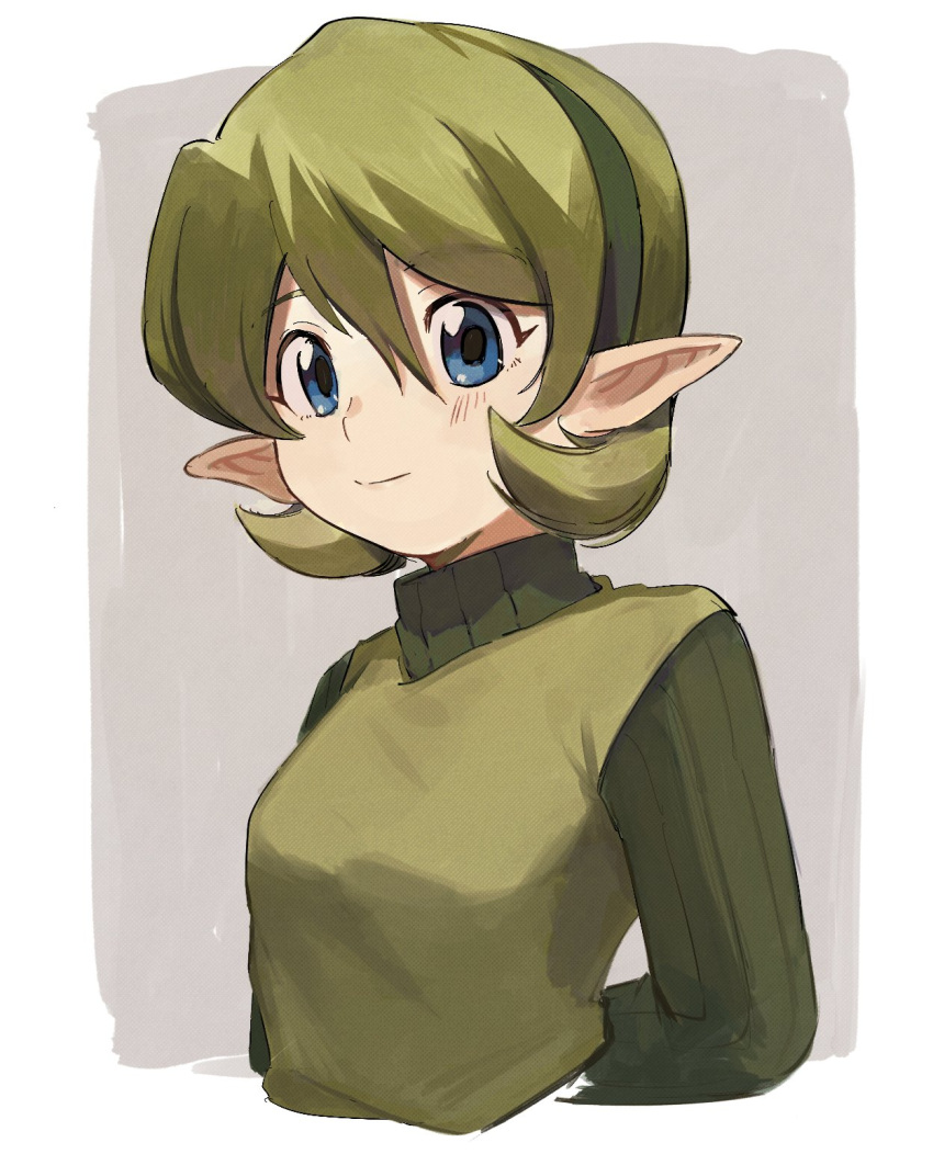 1girl bangs blue_eyes blush bojue_(hakus_1128) green_hair green_vest grey_background hair_between_eyes hairband highres light_smile long_sleeves pointy_ears saria_(the_legend_of_zelda) short_hair the_legend_of_zelda the_legend_of_zelda:_ocarina_of_time vest white_background