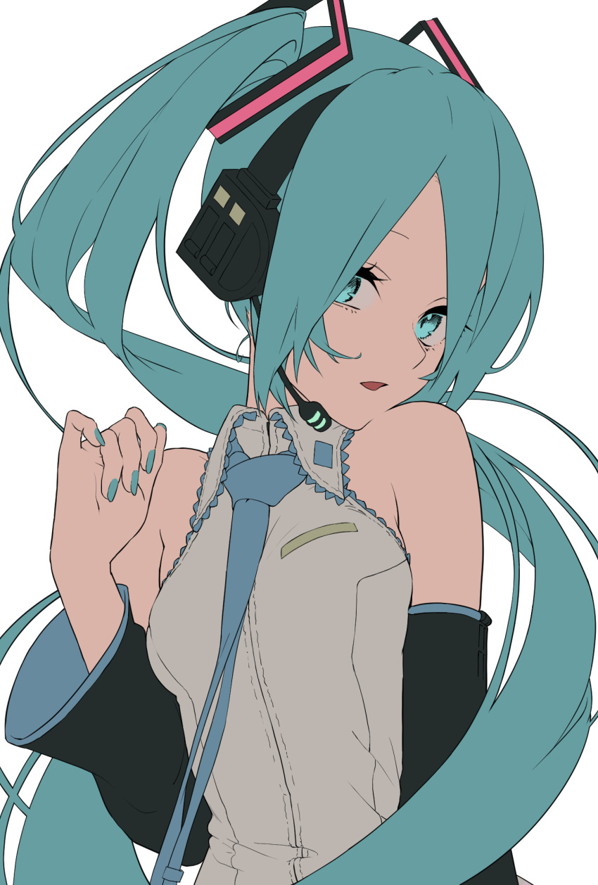 1girl aqua_eyes aqua_hair aqua_nails bangs bare_shoulders black_sleeves blue_necktie breasts collared_shirt commentary detached_sleeves hair_over_one_eye hand_up hatsune_miku headset highres long_hair looking_at_viewer medium_breasts necktie open_mouth parted_bangs rsk_(tbhono) shirt simple_background sleeveless sleeveless_shirt solo twintails upper_body vocaloid white_background
