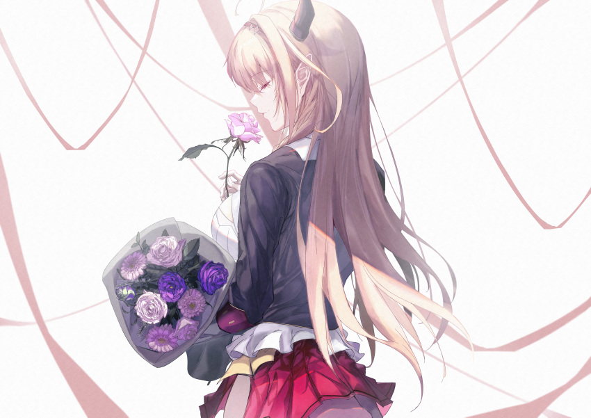 1girl absurdres bangs black_jacket bouquet breasts brown_hair closed_eyes commentary_request eyebrows_visible_through_hair flower from_behind from_side highres holding holding_bouquet holding_flower hololive jacket kiryu_coco large_breasts long_hair open_clothes open_jacket pink_flower profile purple_flower red_ribbon red_skirt ribbon shirt simple_background skirt solo sora_shitatoge very_long_hair virtual_youtuber white_background white_shirt
