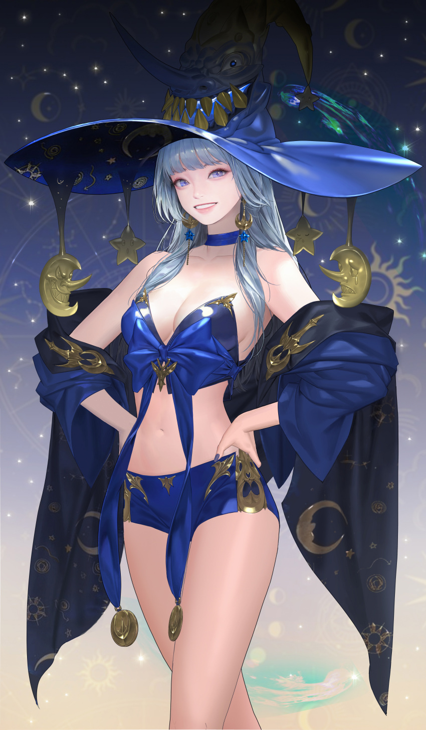 1girl absurdres bare_legs blue_hair blue_nails breasts daeho_cha earrings garter_straps gold_earrings gold_necklace hat highres hime_cut jewelry kneehighs leotard long_hair medium_breasts neck_ring off_shoulder oni original pink_lips sash sharp_teeth smile teeth thigh-highs violet_eyes witch_hat