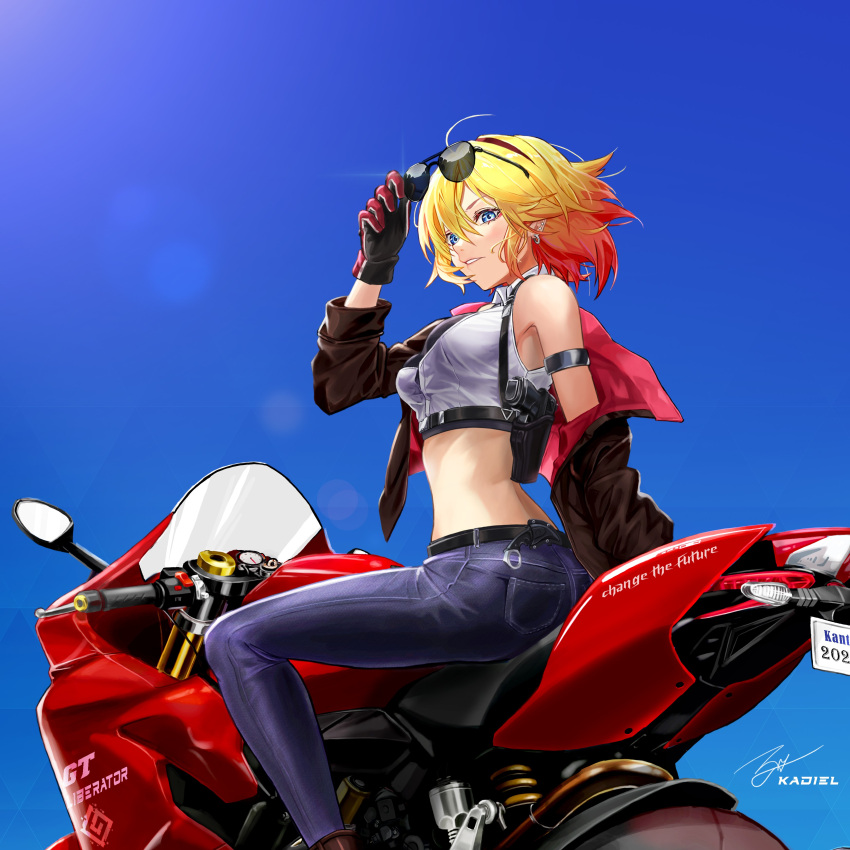 1girl absurdres ahoge arm_strap arm_up bare_shoulders belt black_gloves black_jacket blonde_hair blue_eyes blue_pants blue_sky breasts character_request crop_top denim gloves grin ground_vehicle guardian_tales gun handgun highres holding holstered_weapon jacket kadiel large_breasts long_sleeves looking_at_viewer midriff motor_vehicle motorcycle off_shoulder open_clothes open_jacket pants revealing_clothes riding shirt short_hair sky sleeveless sleeveless_shirt smile solo sunglasses sunlight weapon white_shirt