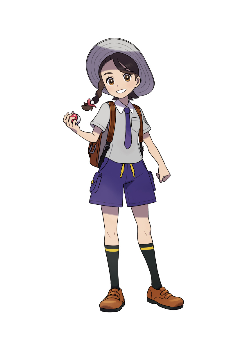1girl absurdres artist_request backpack bag bangs black_legwear blue_necktie blue_shorts blush braid breast_pocket brown_eyes brown_footwear brown_hair child collared_shirt female_protagonist_(pokemon_sv) flat_chest full_body grey_headwear grey_shirt grin hair_ornament hairclip hand_up happy hat highres holding holding_poke_ball kneehighs light_blush looking_at_viewer necktie official_art pocket poke_ball poke_ball_(basic) pokemon pokemon_(game) pokemon_sv school_uniform shirt shoes short_sleeves shorts side_braid single_braid smile solo standing sun_hat swept_bangs teeth third-party_source transparent_background