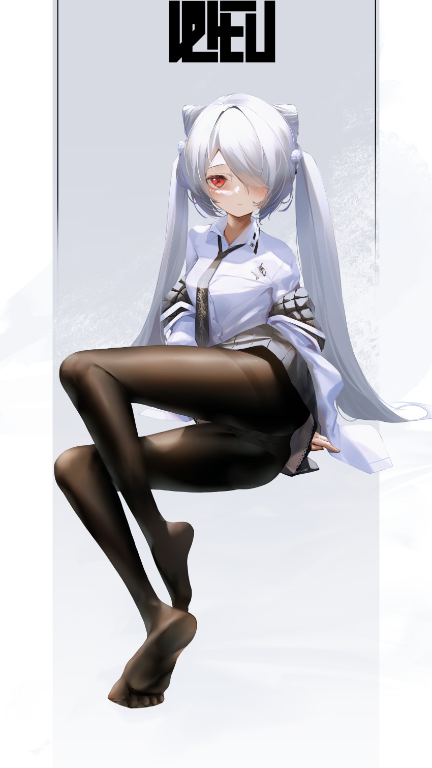1girl absurdres alternate_costume azur_lane bangs black_legwear black_necktie blush breasts character_name closed_mouth eyebrows_visible_through_hair full_body grey_skirt hair_between_eyes hair_over_one_eye highres ka11_ca kiev_(azur_lane) long_hair looking_at_viewer low_twintails necktie no_shoes pantyhose red_eyes shirt silver_hair simple_background sitting skirt soles solo twintails very_long_hair white_shirt