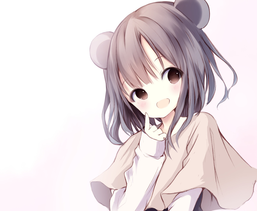 1girl :d animal_ears bangs black_dress blush brown_capelet brown_eyes capelet commentary_request dress eyebrows_behind_hair finger_to_mouth grey_hair hand_up head_tilt highres long_hair looking_to_the_side mouse_ears mouse_girl nazrin nekomarieru open_mouth shirt simple_background sleeves_past_wrists smile solo touhou two-tone_background upper_body white_background white_shirt