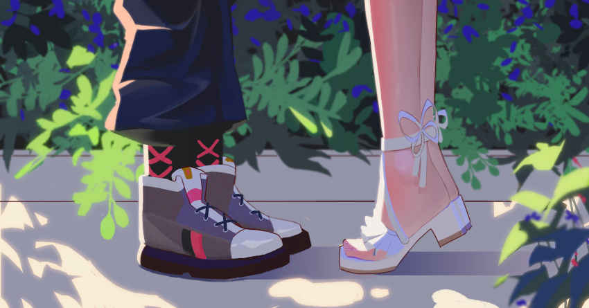 2girls absurdres couple face-to-face head_out_of_frame highres hololive hololive_english imminent_kiss implied_kiss implied_yuri kiss looking_at_another mori_calliope multiple_girls official_alternate_costume out_of_frame pants pants_tucked_in plant sandals shoes sneakers strappy_heels su.chi.h takanashi_kiara tiptoe_kiss tiptoes track_pants yuri