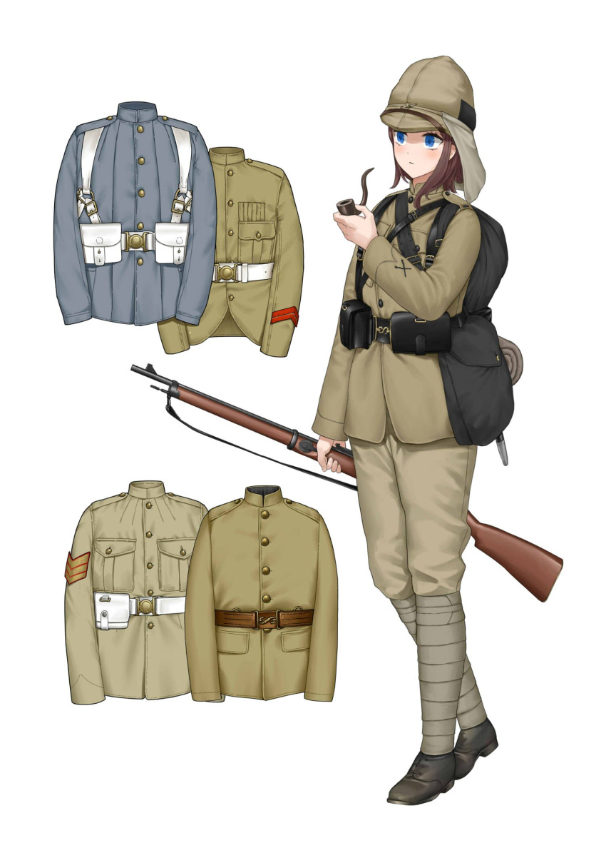 1girl black_footwear blue_eyes blue_jacket bolt_action british_army brown_headwear brown_pants brown_shirt closed_mouth gun highres holding holding_gun holding_pipe holding_weapon jacket lee-enfield long_sleeves medium_hair military military_jacket military_uniform original pants pipe remora25 rifle shirt simple_background solo uniform weapon white_background