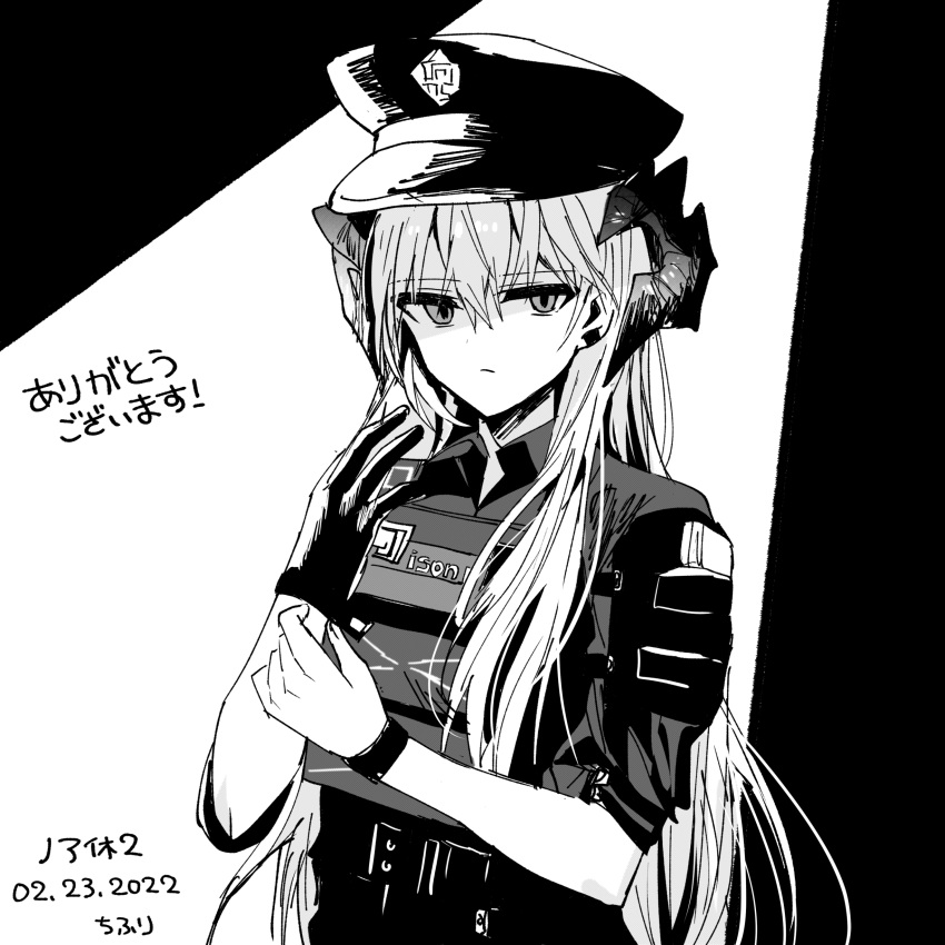1girl absurdres arknights bangs black_background chihuri closed_mouth collared_shirt eyebrows_visible_through_hair gloves greyscale hair_between_eyes hands_up hat highres horns monochrome peaked_cap saria_(arknights) shaded_face shirt short_sleeves single_glove solo translation_request two-tone_background upper_body white_background