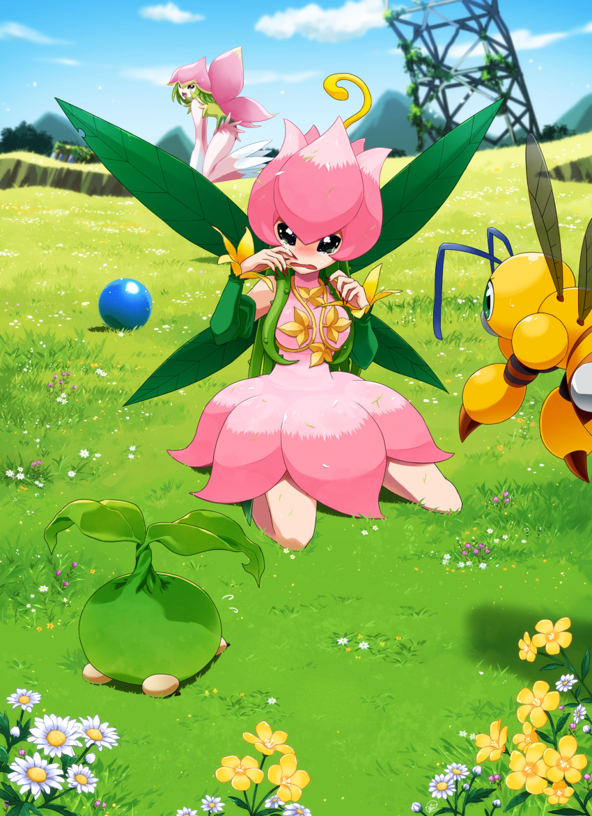 2girls ball bangs bare_shoulders blue_sky blurry breasts clouds commentary_request creature crying crying_with_eyes_open day depth_of_field detached_sleeves digimon digimon_(creature) dress eyebrows_visible_through_hair field fingernails floating flower flower_wings flying_sweatdrops fujihana_(mugenpixel) full_body funbeemon grass green_eyes green_hair green_sleeves grey_eyes hat highres leaf_wings lilamon lillymon long_fingernails long_hair looking_at_another medium_breasts medium_hair multiple_girls open_mouth outdoors partial_commentary pink_dress pink_headwear plant red_nails shadow sharp_fingernails sitting sky sleeveless sleeveless_dress sweat tanemon tears transmission_tower vines wariza wavy_mouth wings