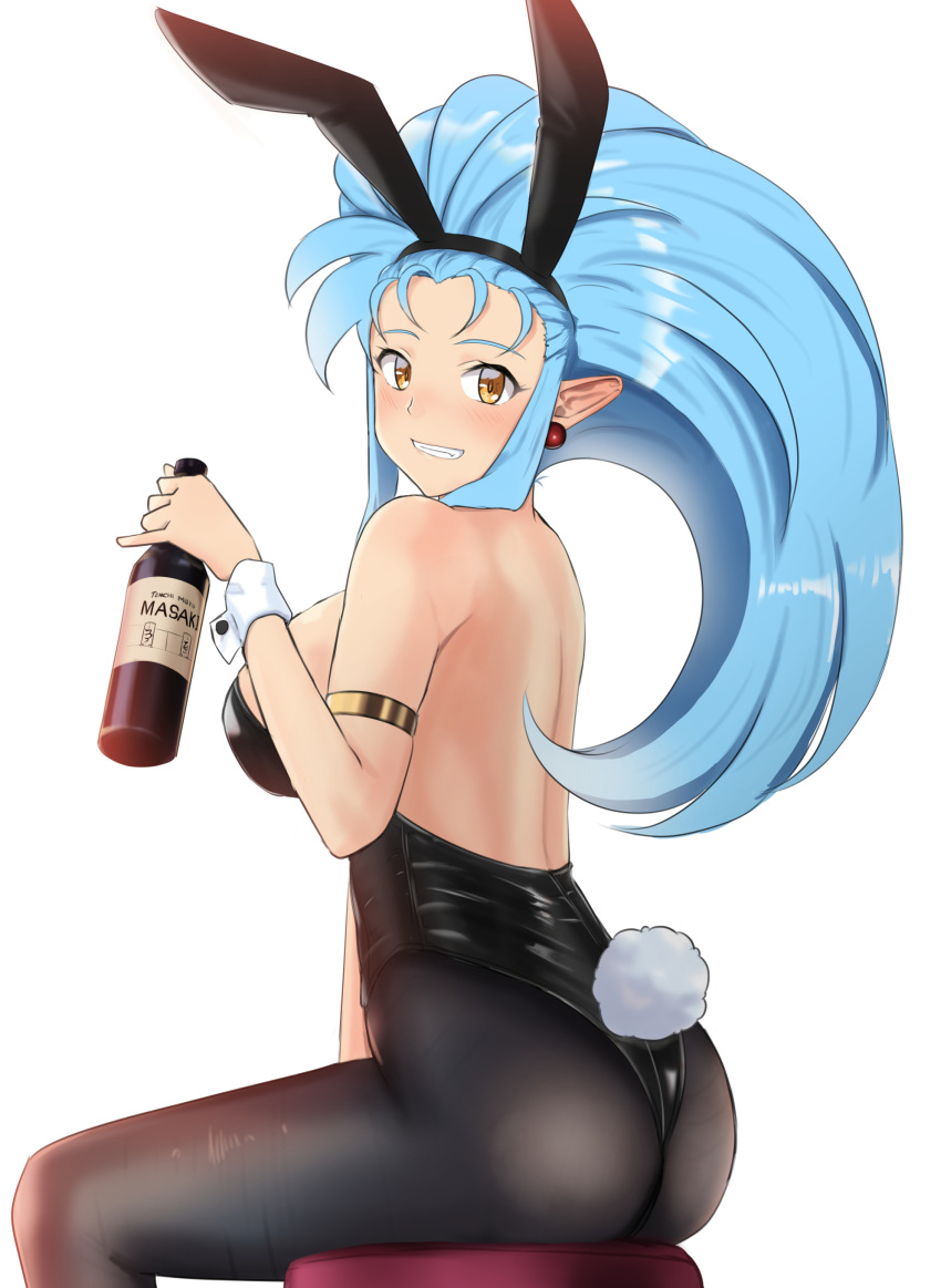 1girl absurdres alcohol alternate_costume animal_ears armlet ass black_leotard blue_hair blush bottle breasts commentary_request earrings fake_animal_ears grin highres holding holding_bottle jewelry large_breasts leotard liquor long_hair looking_at_viewer pantyhose playboy_bunny pointy_ears rabbit_ears rabbit_tail ryouko_(tenchi_muyou!) sitting smile solo spiky_hair stool strapless strapless_leotard tail tenchi_muyou! wrist_cuffs yellow_eyes ykh1028