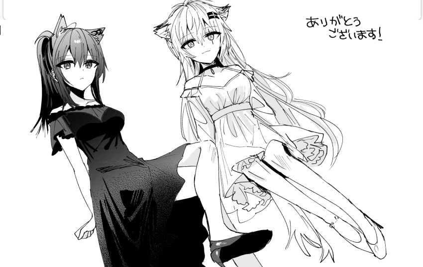2girls alternate_costume animal_ear_fluff animal_ears arknights bangs breasts chihuri choker closed_mouth collarbone crossed_legs dress eyebrows_visible_through_hair greyscale hair_between_eyes hair_ornament hairclip high_heels highres lappland_(arknights) long_hair medium_breasts monochrome multiple_girls off-shoulder_dress off_shoulder ponytail scar scar_across_eye shoe_soles shoes simple_background sitting smile texas_(arknights) translation_request very_long_hair white_background