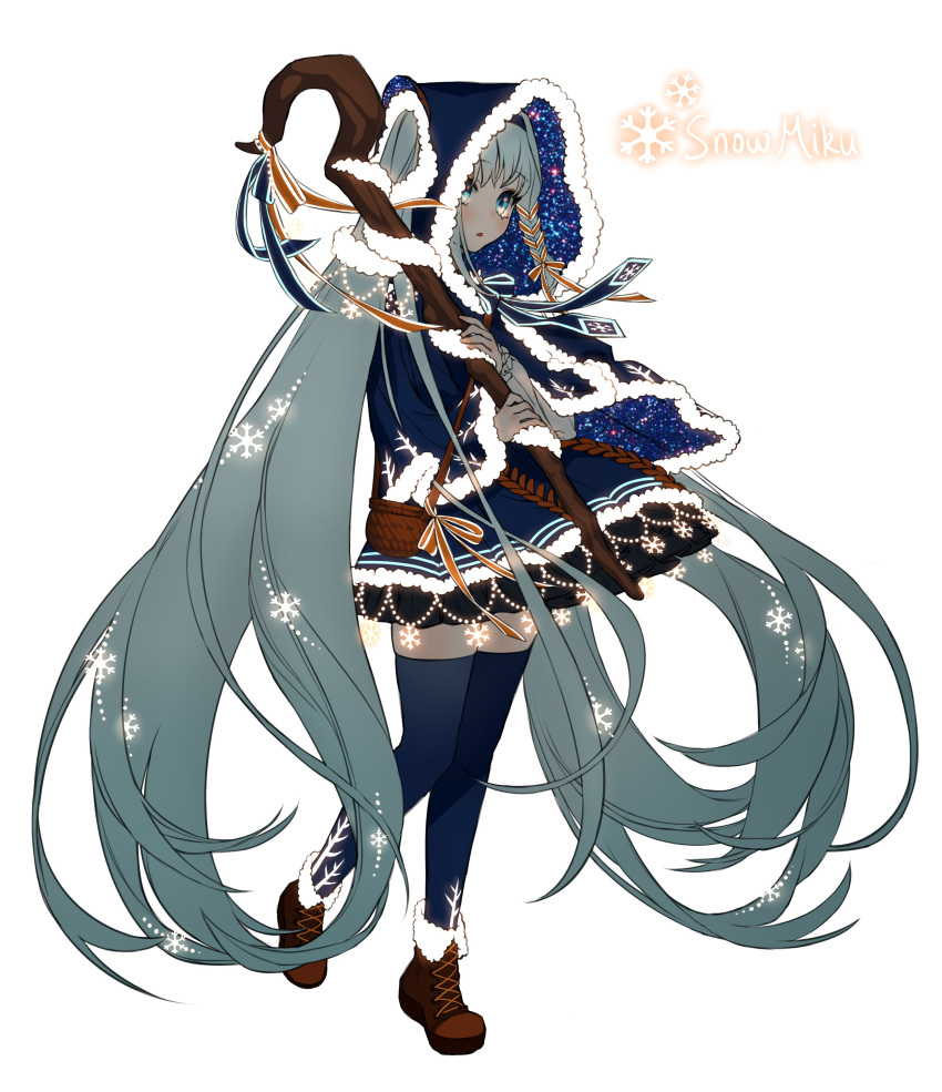 1girl 2021 absurdres animal_ears ankle_boots aqua_hair bag bangs blue_bow blue_bowtie blue_dress blue_legwear boots bow bowtie braid brown_footwear capelet cat_ears character_name dress fake_animal_ears from_side full_body fur-trimmed_boots fur-trimmed_capelet fur-trimmed_dress fur-trimmed_hood fur_trim garland_(decoration) glowing hair_ornament hair_ribbon hair_through_headwear hairband hatsune_miku highres holding holding_staff hood hood_up hooded_capelet long_hair long_sleeves looking_to_the_side oohhya orange_ribbon ribbon ribbon_braid rope shoes shoulder_bag side_braid simple_background single_braid snowflake_hair_ornament snowflakes solo staff standing starry_sky_print string_of_light_bulbs thigh-highs twintails very_long_hair vocaloid white_background yuki_miku zettai_ryouiki