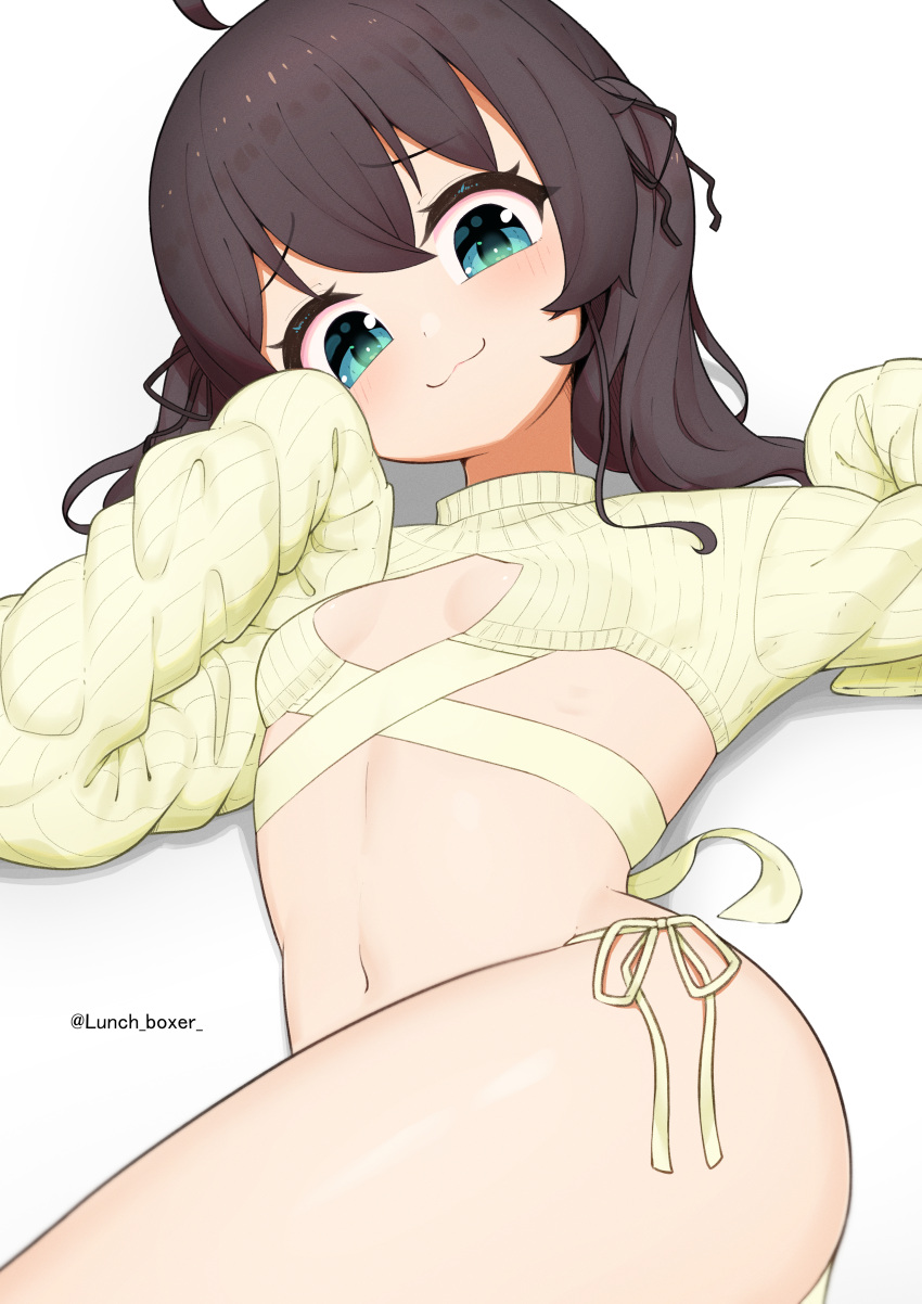 1girl :3 absurdres ahoge bangs black_ribbon blush breasts brown_hair closed_mouth commentary_request cropped_sweater eyebrows_visible_through_hair green_eyes hair_between_eyes hair_ribbon highres hololive long_hair long_sleeves looking_at_viewer lunch_boxer lying natsuiro_matsuri navel panties revealing_clothes ribbon side-tie_panties simple_background sleeves_past_fingers sleeves_past_wrists small_breasts smile solo string_panties sweater twintails twitter_username underwear virtual_youtuber white_background yellow_panties yellow_sweater