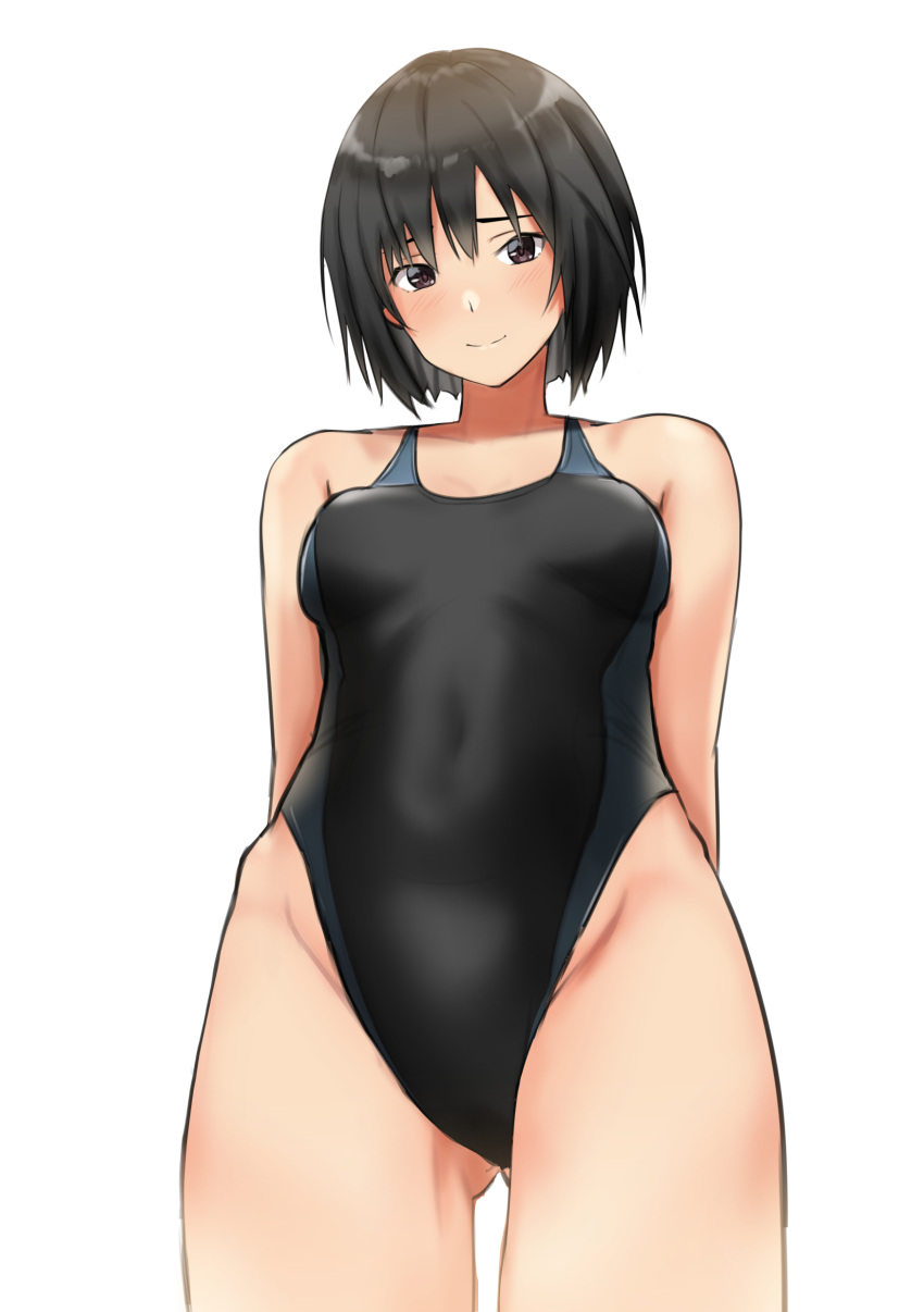 1girl absurdres amagami arms_behind_back black_hair black_swimsuit breasts brown_eyes competition_swimsuit cowboy_shot from_below highleg highleg_swimsuit highres looking_at_viewer nanasaki_ai one-piece_swimsuit short_hair simple_background small_breasts solo swimsuit white_background ykh1028