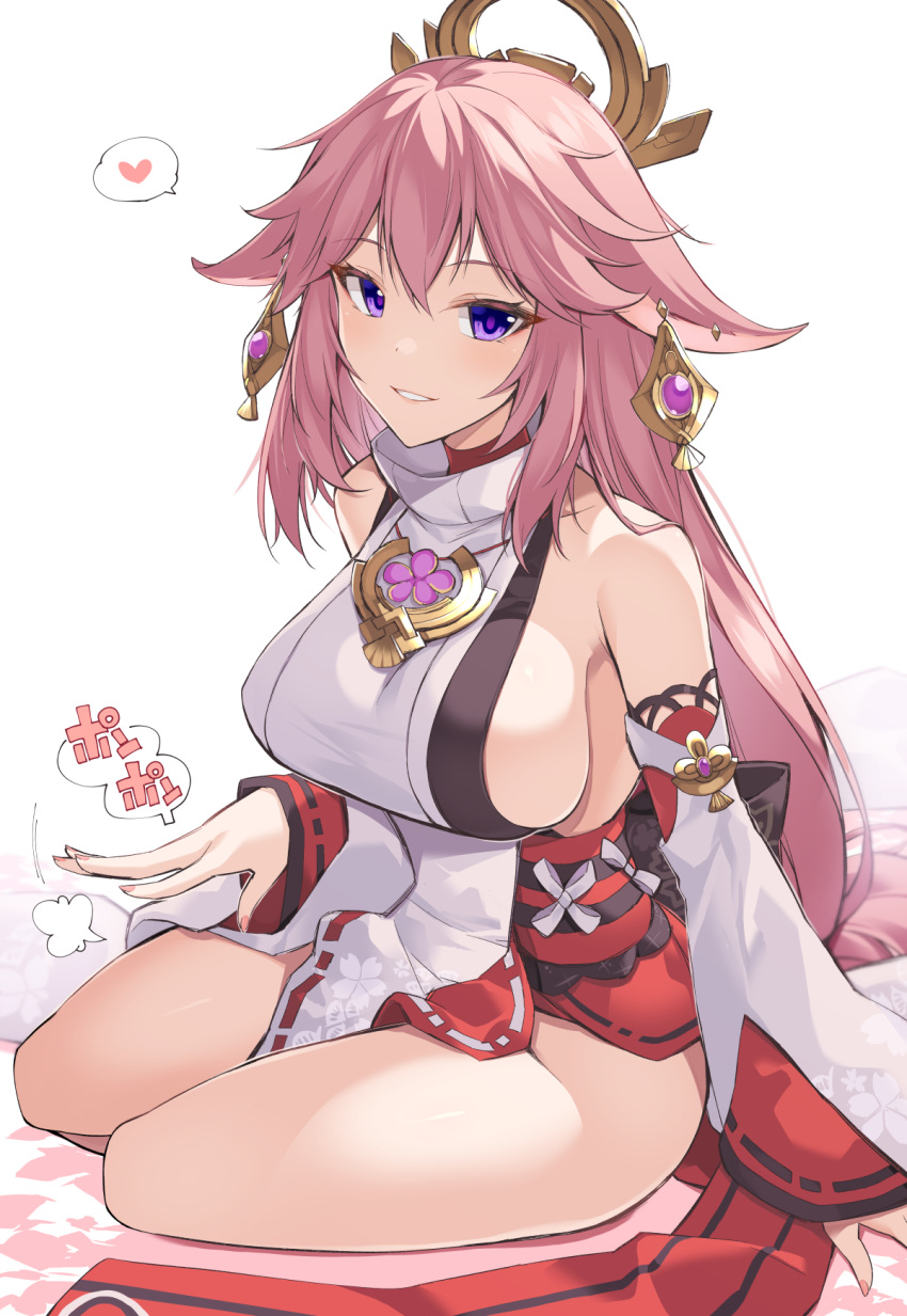 1girl animal_ears breasts detached_sleeves earrings fox_ears genshin_impact hair_ornament heart highres jewelry lap_pillow_invitation large_breasts long_hair looking_at_viewer ohta_yuichi parted_lips pink_hair seiza shirt sideboob sitting sleeveless sleeveless_shirt smile violet_eyes vision_(genshin_impact) white_background white_shirt yae_miko