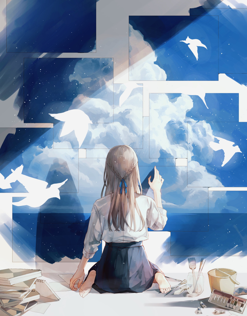 1girl absurdres barefoot bird blonde_hair blue_ribbon blue_skirt blue_sky braid clouds cloudy_sky drawer facing_away from_behind full_body hair_ribbon highres indoors long_hair long_sleeves no_shoes notebook ocean original paintbrush painting_(object) pleated_skirt ribbon school_uniform shadow shirt shirt_tucked_in sitting sketchbook skirt sky sleeves_rolled_up soles solo sunlight tnri_0404 toes wariza white_bird white_shirt