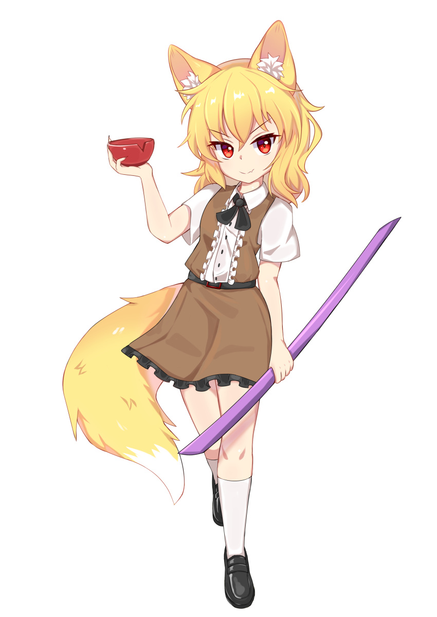 1girl absurdres animal_ear_fluff animal_ears bangs belt black_belt black_bow black_bowtie black_footwear blonde_hair bow bowl bowtie brown_dress closed_mouth collared_shirt cookie_(touhou) dress eyebrows_visible_through_hair fox_ears fox_girl fox_tail frilled_dress frills full_body hair_between_eyes highres holding holding_bowl inabahitomi looking_at_viewer medium_hair miramikaru_riran red_eyes rice_bowl shirt shoes short_sleeves simple_background sleeveless sleeveless_dress smile socks solo tail transparent_background white_legwear