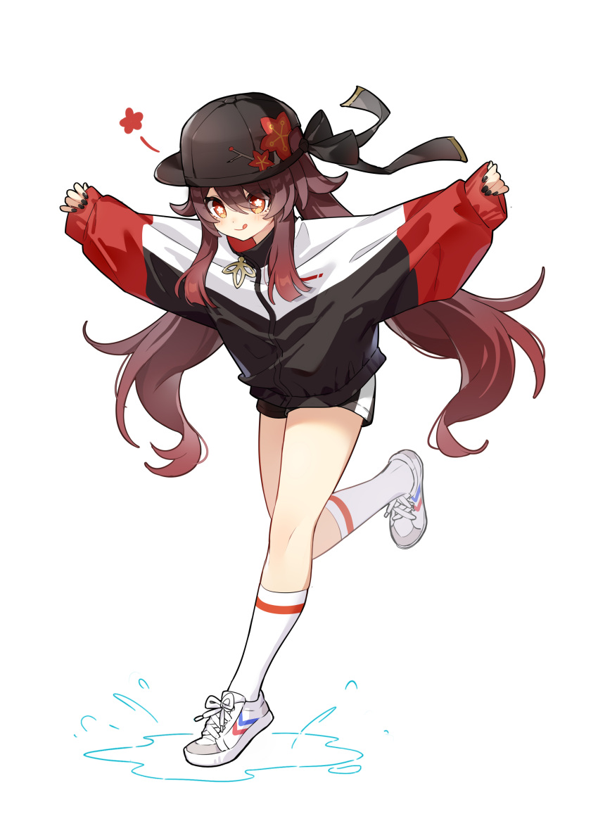 1girl :p absurdres black_headwear black_nails brown_hair casual flat_cap flower full_body genshin_impact hat hat_flower highres hu_tao_(genshin_impact) jacket legs long_sleeves nail_polish outstretched_arms puddle red_eyes shao_(shaorouhong) shoes shorts simple_background socks solo spread_arms symbol-shaped_pupils tongue tongue_out track_jacket twintails white_background wide_sleeves