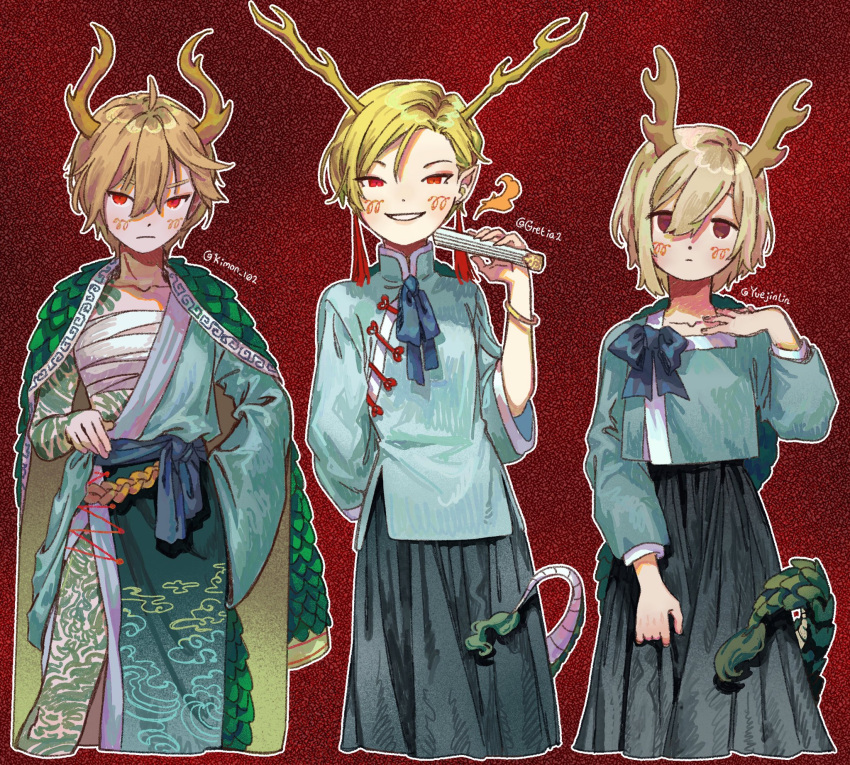 1girl antlers bandages bangle bangs belt blonde_hair blue_belt blue_bow blue_shirt blue_skirt blush bow bracelet breasts brown_eyes brown_hair cloak closed_mouth collarbone dragon_tail earrings eyebrows_visible_through_hair fire green_cloak green_skirt hair_between_eyes hand_fan hand_in_pocket hand_up highres horns jewelry k0nfette kicchou_yachie light_brown_hair long_sleeves looking_at_viewer medium_breasts pointy_ears puffy_long_sleeves puffy_sleeves red_background red_eyes sarashi shirt short_hair simple_background skirt smile solo standing tail tattoo teeth touhou turtle_shell v-shaped_eyebrows wide_sleeves