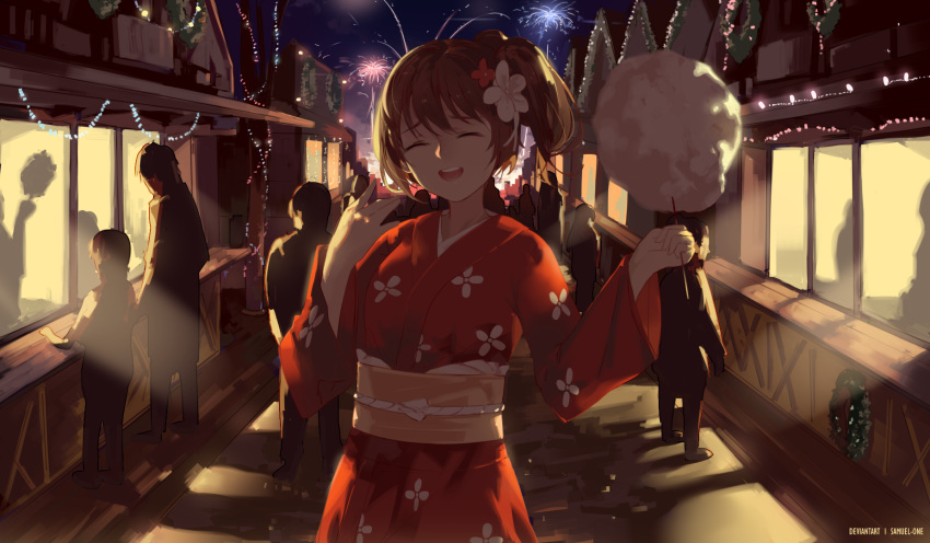 1girl :d artist_name bangs brown_hair candy closed_mouth cotton_candy festival fireworks floral_print flower food hair_flower hair_ornament hair_up hands_up highres holding holding_candy holding_food japanese_clothes kimono long_hair orange_kimono original painttool_sai_(medium) samuel-one sash smile tied_hair wide_sleeves