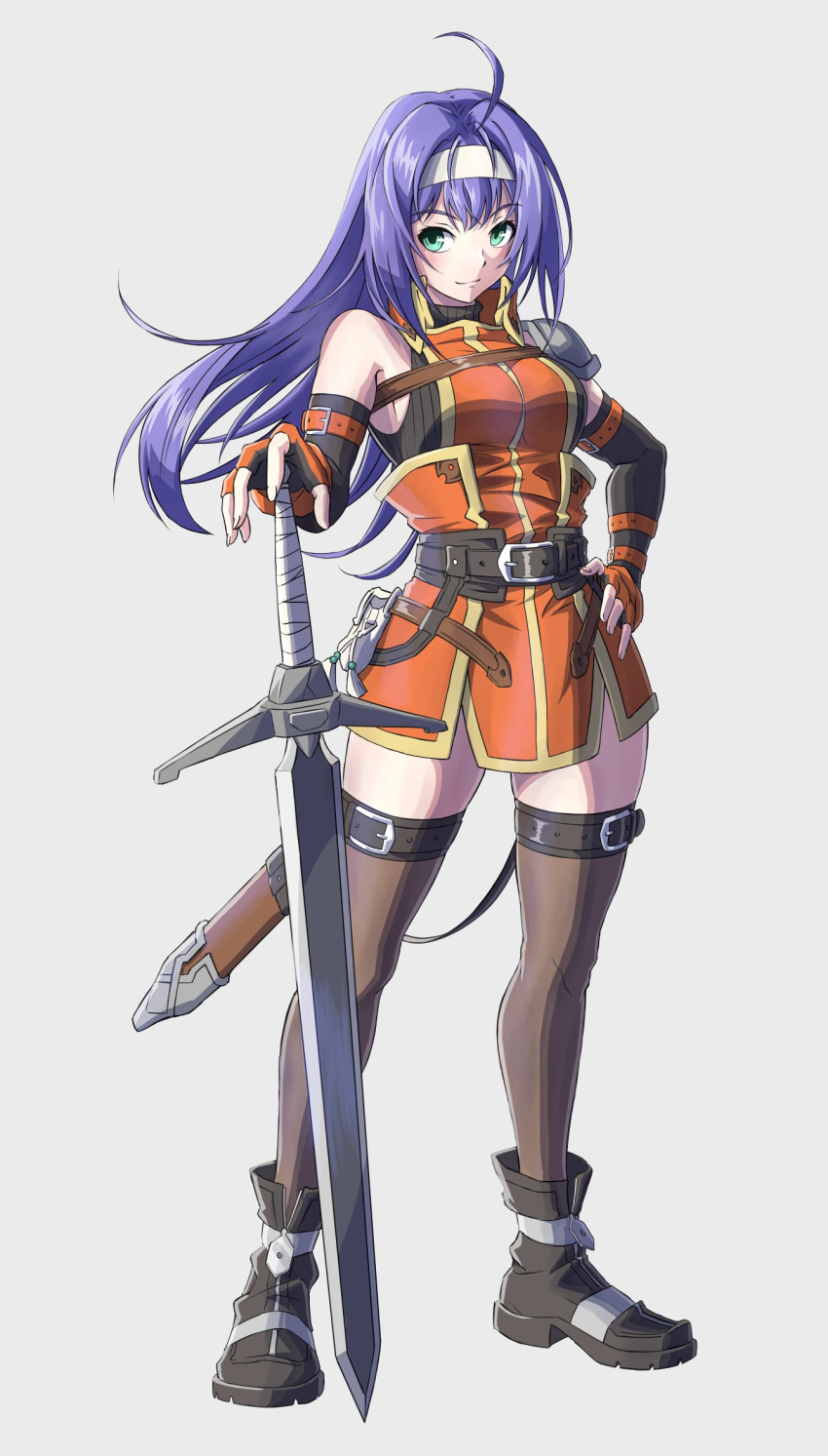 1girl ahoge armor bangs bare_shoulders belt black_footwear black_gloves breasts commentary dress elbow_gloves eyebrows_visible_through_hair fire_emblem fire_emblem:_path_of_radiance fire_emblem_heroes full_body funami_dingo gloves green_eyes grey_background grey_belt grey_legwear hairband highres long_hair looking_at_viewer mia_(fire_emblem) official_alternate_costume orange_dress pauldrons planted planted_sword purple_hair scabbard sheath shoes short_dress shoulder_armor simple_background sleeveless sleeveless_dress small_breasts smile solo standing sword thigh-highs weapon white_hairband zettai_ryouiki