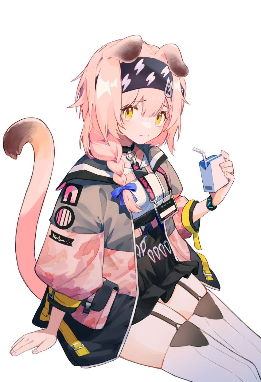 1girl 52hzwhzw animal_ears arknights black_choker black_hairband black_skirt blue_bow blush bow braid cat_ears cat_girl cat_tail choker drink drinking_straw eyebrows_visible_through_hair floppy_ears garter_straps goldenglow_(arknights) grey_jacket hair_bow hair_ornament hairband hairclip highres holding holding_drink id_card invisible_chair jacket juice_box lightning_bolt_print long_hair multicolored_clothes multicolored_jacket open_clothes open_jacket pink_hair pink_jacket shirt simple_background sitting skirt solo tail tail_raised thighs two-tone_jacket white_background white_legwear white_shirt yellow_eyes