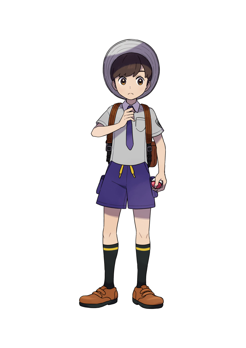 1boy absurdres adjusting_clothes adjusting_necktie arm_at_side artist_request bangs black_legwear blue_necktie blue_shorts blush breast_pocket brown_eyes brown_footwear brown_hair child closed_mouth collared_shirt full_body grey_headwear grey_shirt hand_up hat highres holding holding_poke_ball kneehighs light_blush looking_to_the_side male_focus male_protagonist_(pokemon_sv) necktie official_art pocket poke_ball poke_ball_(basic) pokemon pokemon_(game) pokemon_sv school_uniform shirt shoes short_hair short_sleeves shorts solo split_mouth standing sun_hat swept_bangs third-party_source transparent_background
