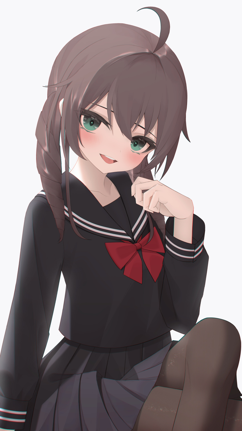 1girl absurdres ahoge bangs black_bow black_bowtie black_sailor_collar black_serafuku black_shirt black_skirt blush bow bowtie brown_hair brown_legwear commentary_request crossed_legs green_eyes hand_up highres hololive long_hair long_sleeves natsuiro_matsuri open_mouth pantyhose red_bow red_bowtie sailor_collar school_uniform serafuku shirt simple_background sitting skirt smile solo teeth thomas_8000 upper_teeth virtual_youtuber white_background