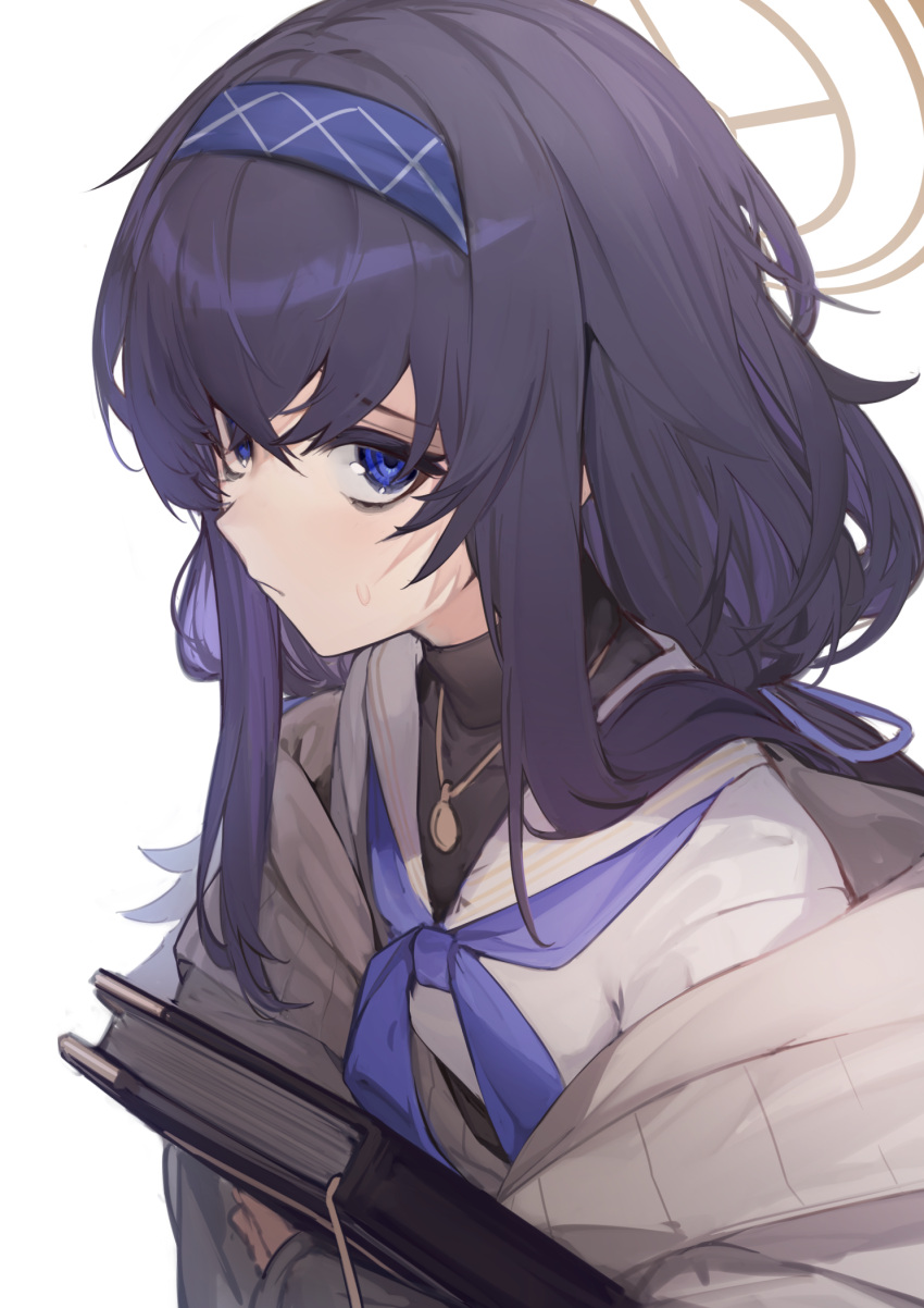 1girl bangs black_hair black_undershirt blue_archive blue_eyes blue_hairband blue_neckerchief blue_ribbon book brown_cardigan cardigan closed_mouth crossed_bangs hair_ribbon hairband halo highres hiiragi_mikoto holding holding_book jewelry long_hair long_sleeves looking_at_viewer mojo neckerchief off_shoulder open_cardigan open_clothes pendant ribbon sailor_collar simple_background solo sweatdrop ui_(blue_archive) upper_body white_background white_sailor_collar white_serafuku
