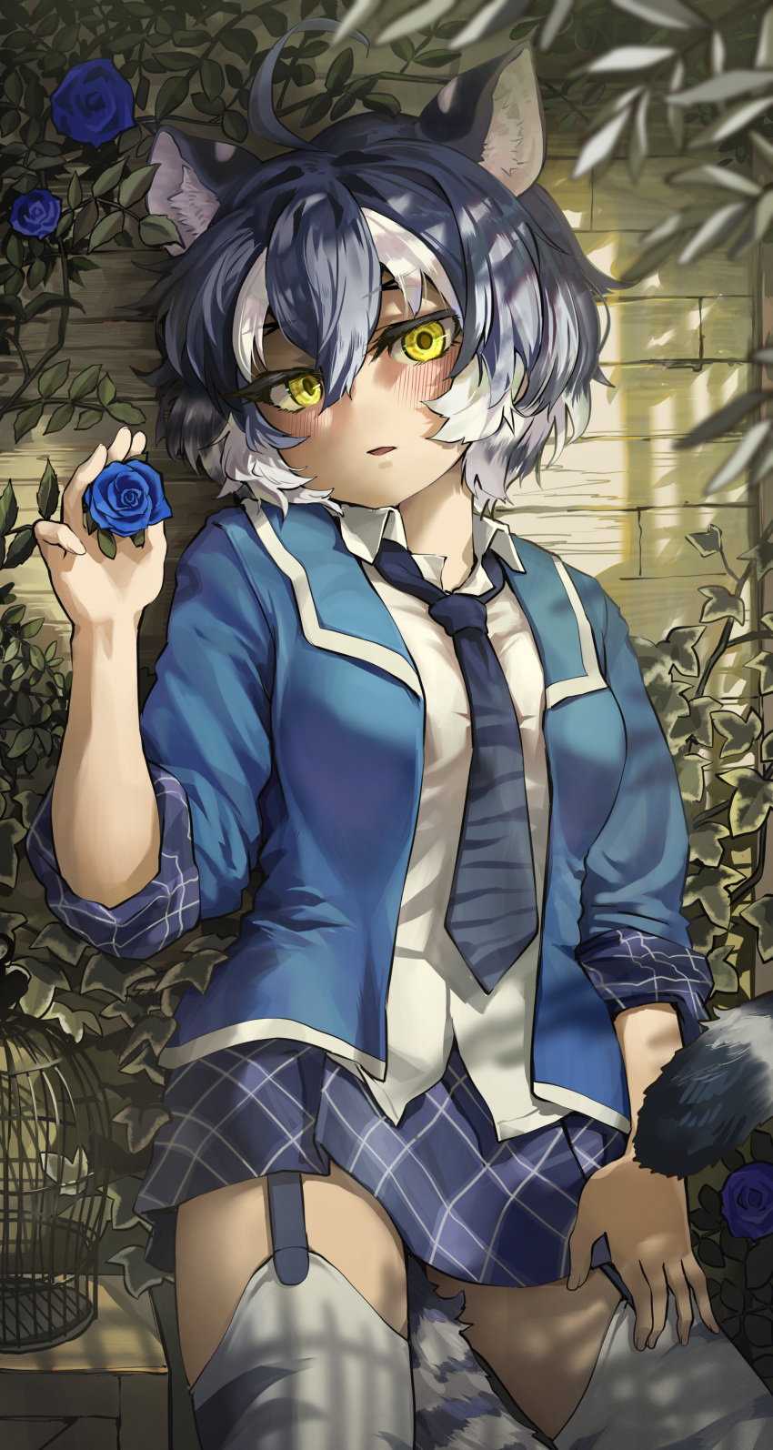 1girl absurdres against_wall ahoge animal_ears animal_print bangs between_breasts between_legs blue_flower blue_hair blue_rose breasts collared_shirt cowboy_shot dappled_sunlight extra_ears eyebrows_visible_through_hair fingernails flower forked_eyebrows garter_straps hair_between_eyes hand_on_own_thigh hand_up highres holding holding_flower jacket kemono_friends leaf leaning_back looking_at_viewer maltese_tiger_(kemono_friends) medium_hair melaton microskirt multicolored_hair necktie open_clothes open_jacket parted_bangs parted_lips plaid plaid_skirt plaid_sleeves plaid_trim plant print_necktie rose shirt sidelocks skirt sleeves_rolled_up solo streaked_hair sunlight tail tail_between_legs thigh-highs tiger_ears tiger_girl tiger_print tiger_tail vines white_hair white_shirt wing_collar yellow_eyes zettai_ryouiki