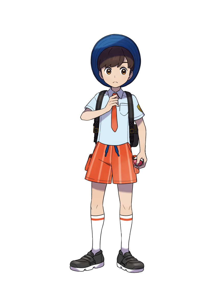 1boy absurdres adjusting_clothes adjusting_necktie arm_at_side artist_request bangs black_footwear blue_headwear blue_shirt blush breast_pocket brown_eyes brown_hair child closed_mouth collared_shirt full_body hand_up hat highres holding holding_poke_ball kneehighs light_blush looking_to_the_side male_focus male_protagonist_(pokemon_sv) necktie official_art orange_shorts pocket poke_ball poke_ball_(basic) pokemon pokemon_(game) pokemon_sv school_uniform shirt shoes short_hair short_sleeves shorts solo split_mouth standing striped striped_shorts sun_hat swept_bangs third-party_source transparent_background white_legwear