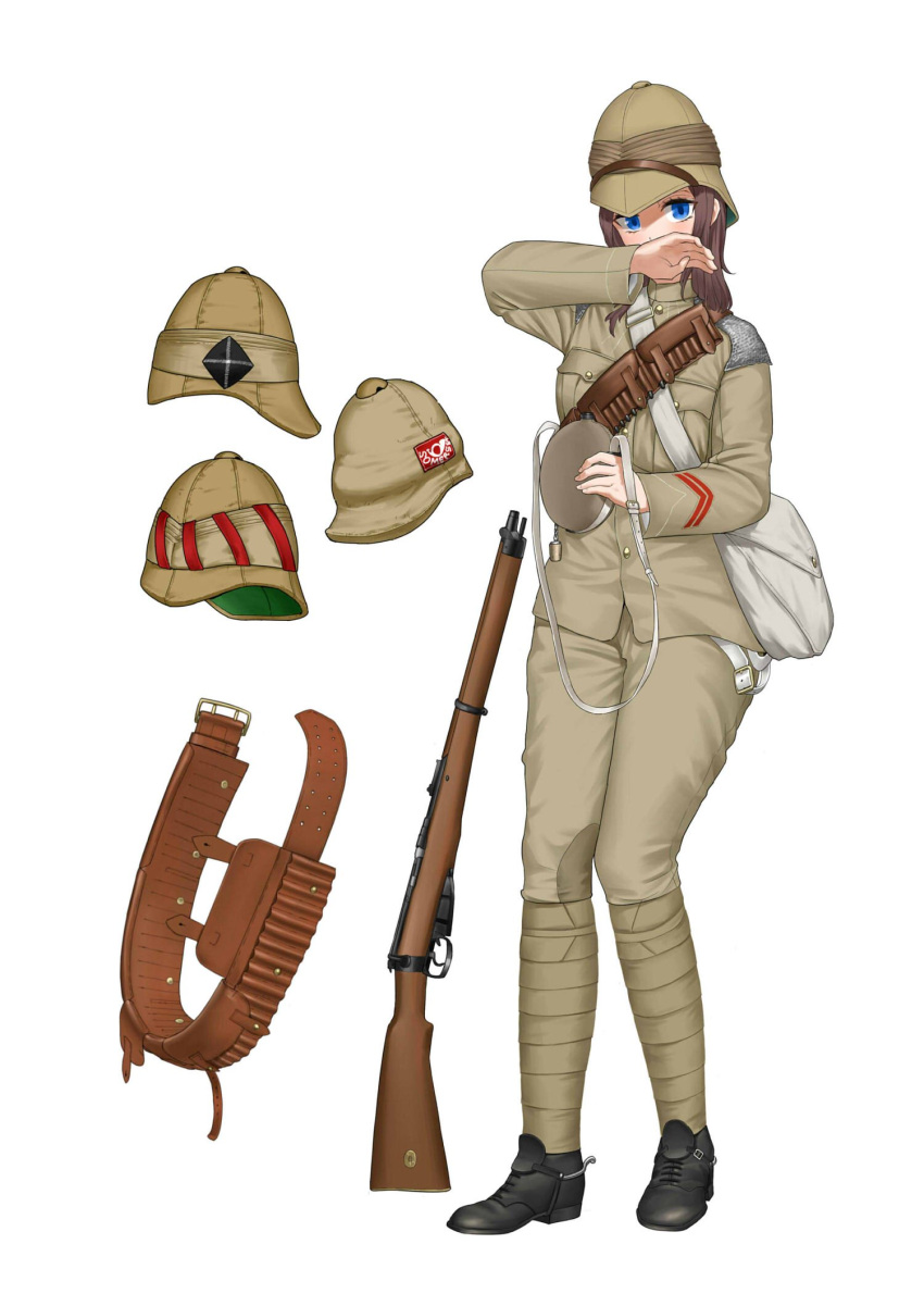 1girl ammunition_belt black_footwear blue_eyes blue_jacket bolt_action british_army brown_headwear brown_pants brown_shirt closed_mouth gun highres holding holding_weapon jacket lee-enfield long_sleeves looking_at_viewer medium_hair military military_jacket military_uniform original pants remora25 rifle shirt simple_background solo uniform weapon white_background