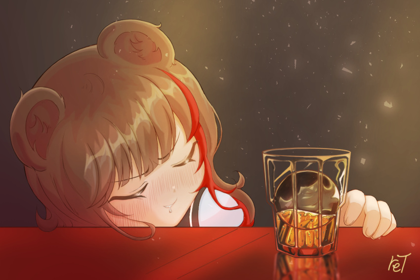 1girl alcohol animal_ears arknights artist_name bear_ears black_background blush brown_hair closed_eyes commentary_request cup drooling eyebrows_visible_through_hair hand_up korean_commentary multicolored_hair portrait redhead ret_(tiiuu) sleeping solo streaked_hair zima_(arknights)