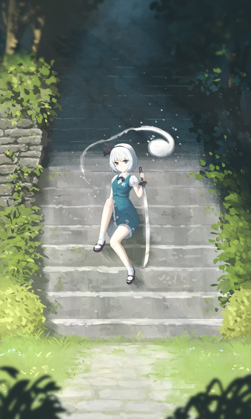 1girl absurdres bangs black_bow black_bowtie black_footwear black_hairband blurry blurry_foreground bow bowtie closed_mouth eyebrows_visible_through_hair full_body ghost grass green_eyes green_skirt green_vest hairband hexunart highres holding holding_sword holding_weapon konpaku_youmu konpaku_youmu_(ghost) looking_at_viewer outdoors shirt short_hair sitting skirt solo stairs sword touhou vest weapon white_hair white_legwear white_shirt