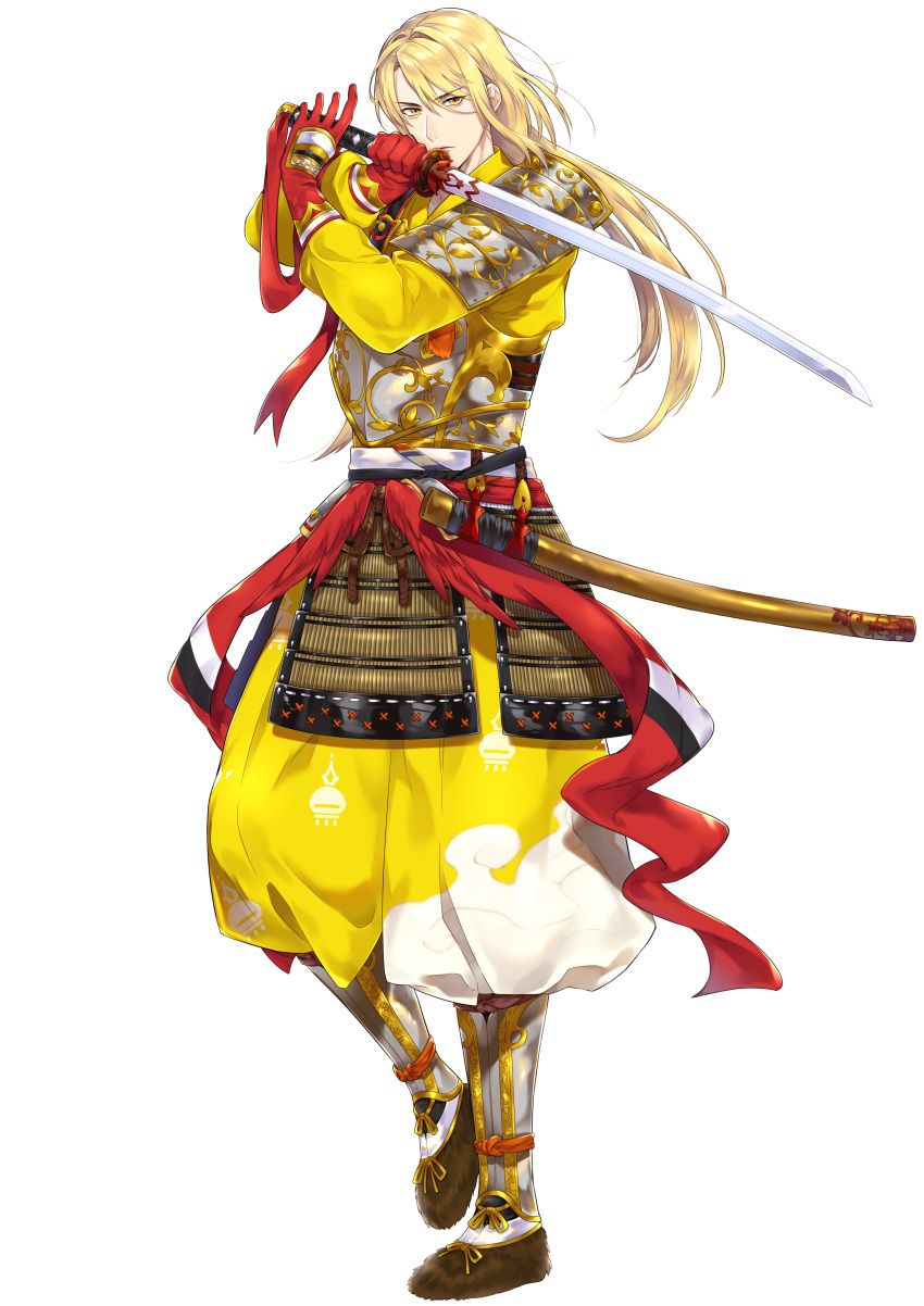 1boy absurdres armor artist_request blonde_hair check_translation crossed_arms gloves highres holding holding_sword holding_weapon japanese_armor katana long_hair male_focus ponytail red_gloves samurai sheath sword tagme translation_request transparent_background weapon world_flags yellow_eyes