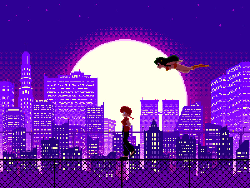 2girls animated animated_gif arms_behind_back artist_name bangs black_footwear black_pants boots braid braided_ponytail breasts building chain-link_fence cityscape creator_connection crossover dithering empire-hotel fence flats flying from_side full_moon genderswap genderswap_(mtf) green_hair horns long_hair looping_animation lum midriff moon multiple_girls night night_sky outdoors pants pixel_art profile purple_theme ranma-chan ranma_1/2 redhead saotome_ranma scenery single_braid sky skyscraper sleeveless urusei_yatsura walking walking_on_railing wide_shot