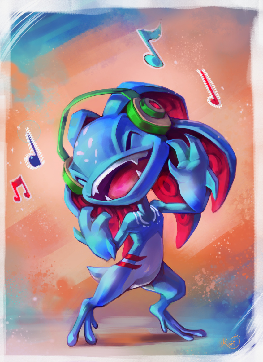 1boy ^_^ absurdres artist_name blue_hair blue_skin border closed_eyes colored_skin commentary dancing english_commentary fangs fish_boy fizz_(league_of_legends) full_body hands_up happy headphones highres koriarredondo league_of_legends long_hair male_focus multicolored_skin musical_note open_mouth orange_background signature simple_background smile solo standing suction_cups tail teeth tentacle_hair two-tone_skin white_border white_skin yordle