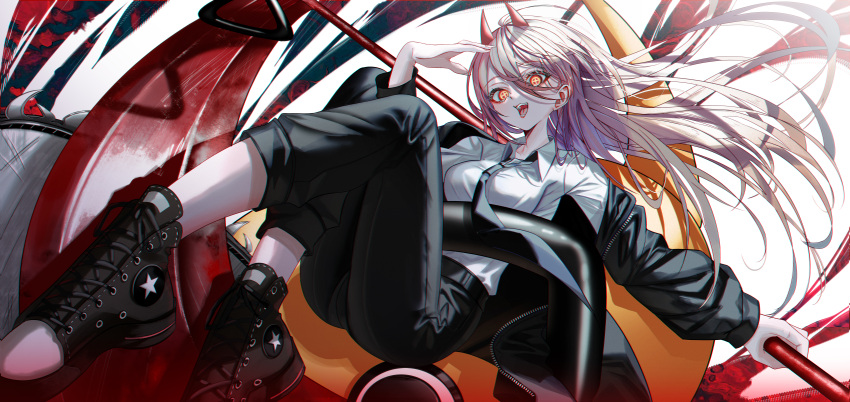 1girl absurdres bangs black_footwear black_jacket black_necktie black_pants breasts chainsaw_man collared_shirt commentary_request crosshair_pupils demon_horns eyebrows_visible_through_hair floating_hair hair_between_eyes highres holding holding_weapon horns jacket long_hair long_sleeves looking_at_viewer medium_breasts necktie noubin open_clothes open_jacket open_mouth pants power_(chainsaw_man) red_eyes shirt shoes silver_hair solo unzipped weapon white_shirt zipper