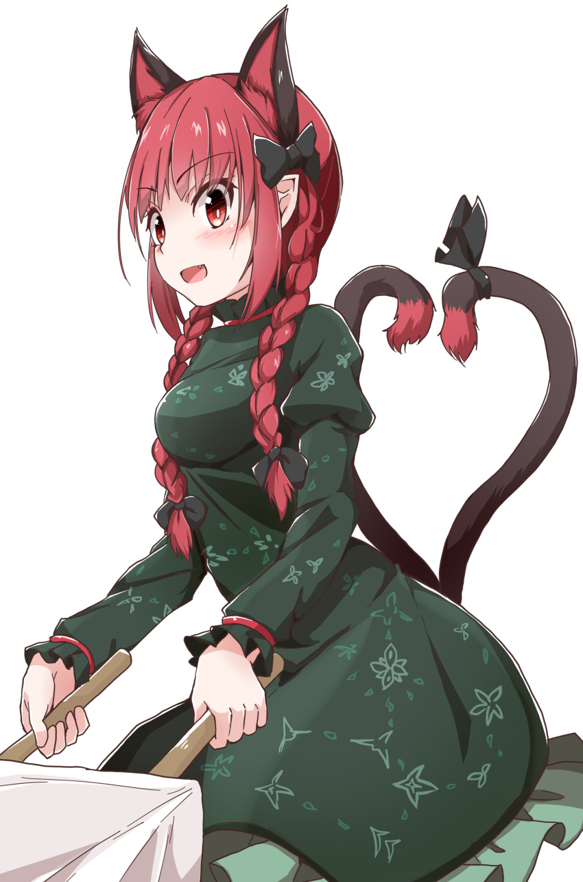1girl :d absurdres animal_ear_fluff animal_ears bangs black_ribbon blush braid breasts bright_pupils cat_ears cat_tail cowboy_shot dress extra_ears eyebrows_visible_through_hair fang floral_print frills green_dress happy heart heart_tail highres hiro_(pqtks113) holding juliet_sleeves kaenbyou_rin long_hair long_sleeves looking_ahead low_twin_braids low_twintails medium_breasts multiple_tails nekomata open_mouth pointy_ears puffy_sleeves red_eyes redhead ribbon simple_background smile solo tail tail_ornament tail_ribbon touhou twin_braids twintails two_tails wheelbarrow white_background